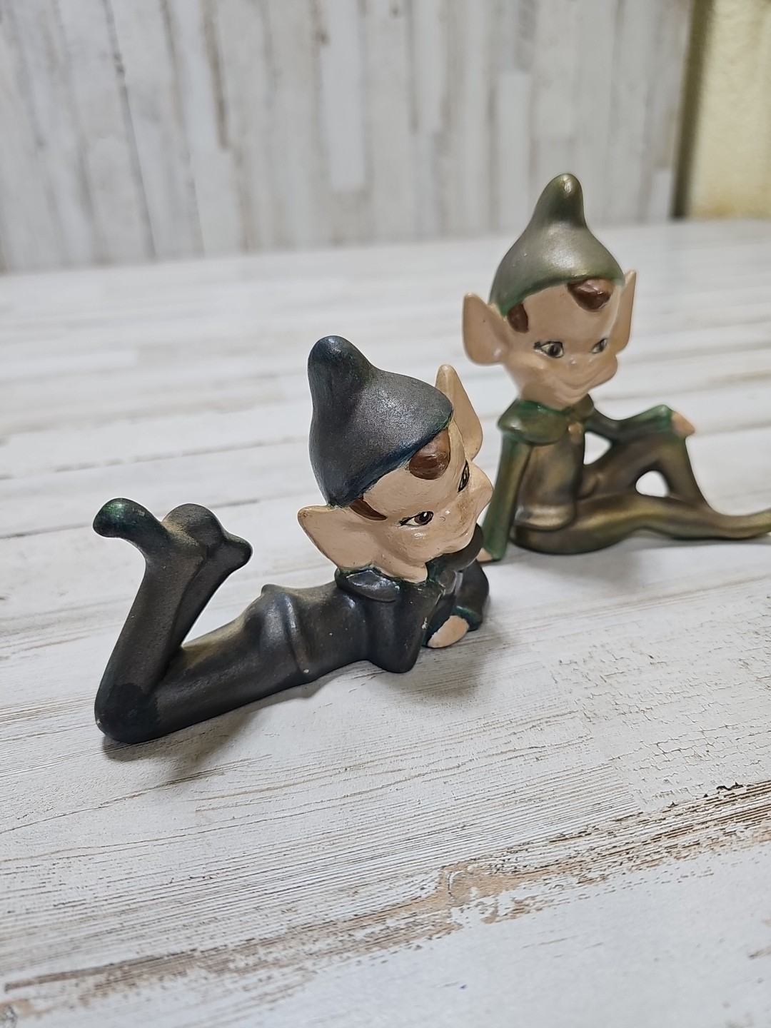 Vintage Ceramic Pixie Elf Figurine Knee Up Pointed Ears MCM Decor Lot Of 3