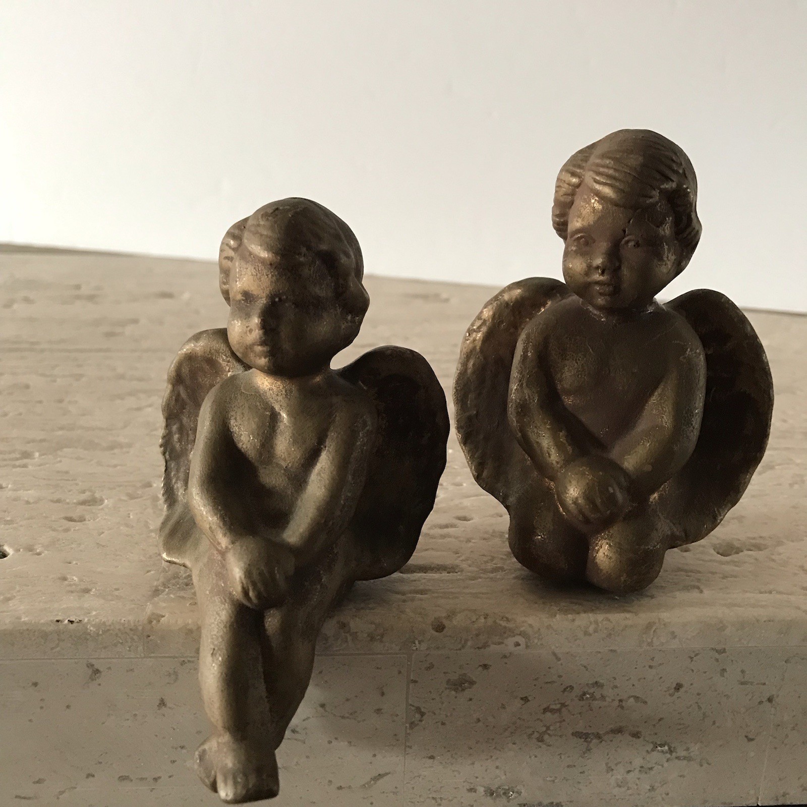 Vintage Cherub Angel Shelf Sitters Gold Patina Ceramic Figurines Victorian Decor