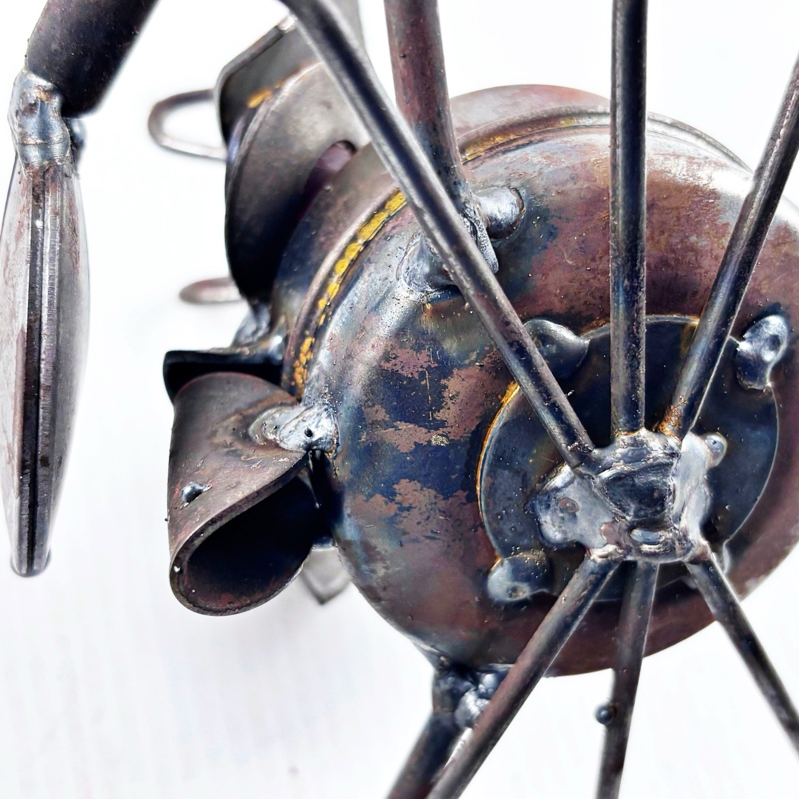 CRAB Metal Sculpture Figurine RED Glass Marble Eye Rustic Indoor Outdoor Garden