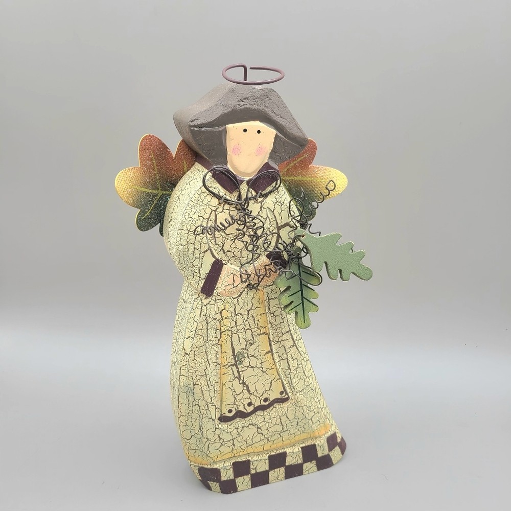 Vintage Wood Crackle Folk Art Angel with Glittery Wings Holding Fall Leaves