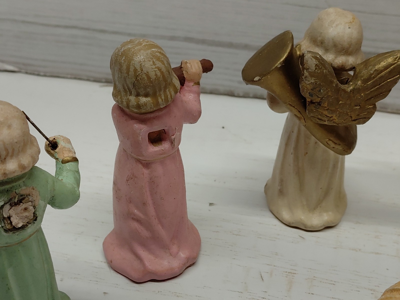Vintage Set of 6 Angels Playing Instruments Resin? Made in Germany US Zone AS IS