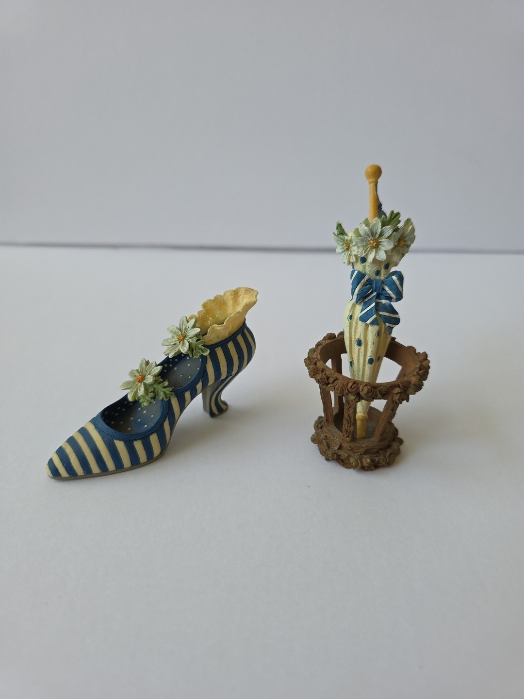 Suzette Resin Deco Stripe Daisy Shoe And Polkadot Umbrella Sandy Lynam Clough
