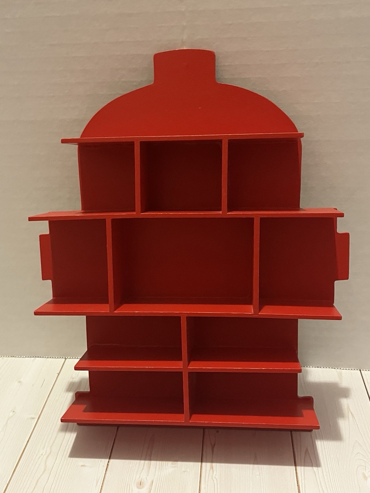 Small hanging trinket shelf red fire hydrant with assorted firefighter figures