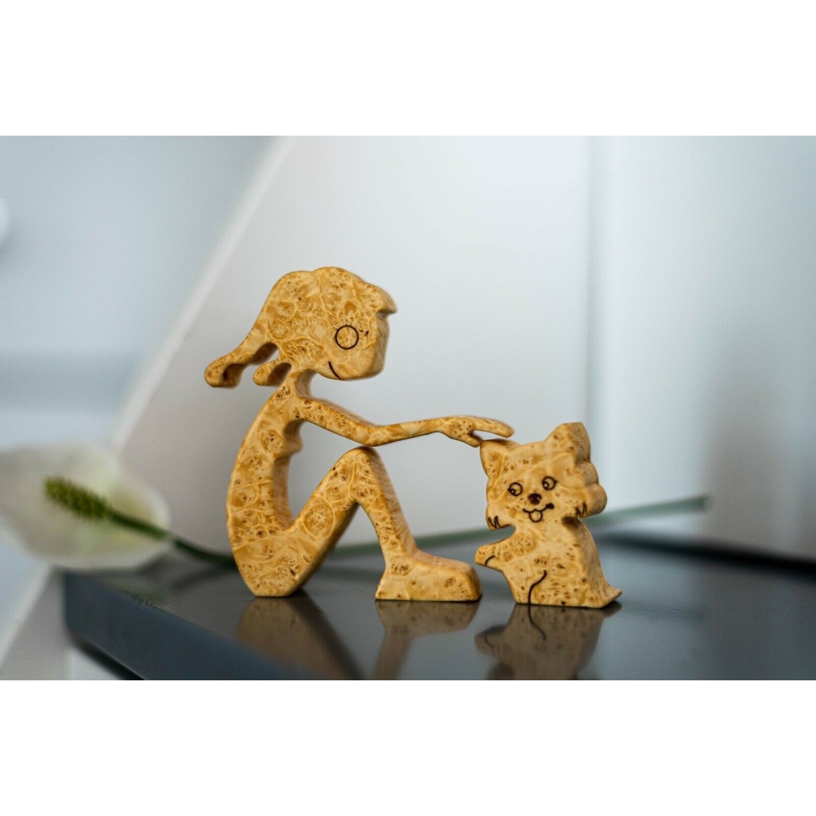 Handmade Carved Maple Burl Wood Cat and Owner Figurine Unique Home Decor
