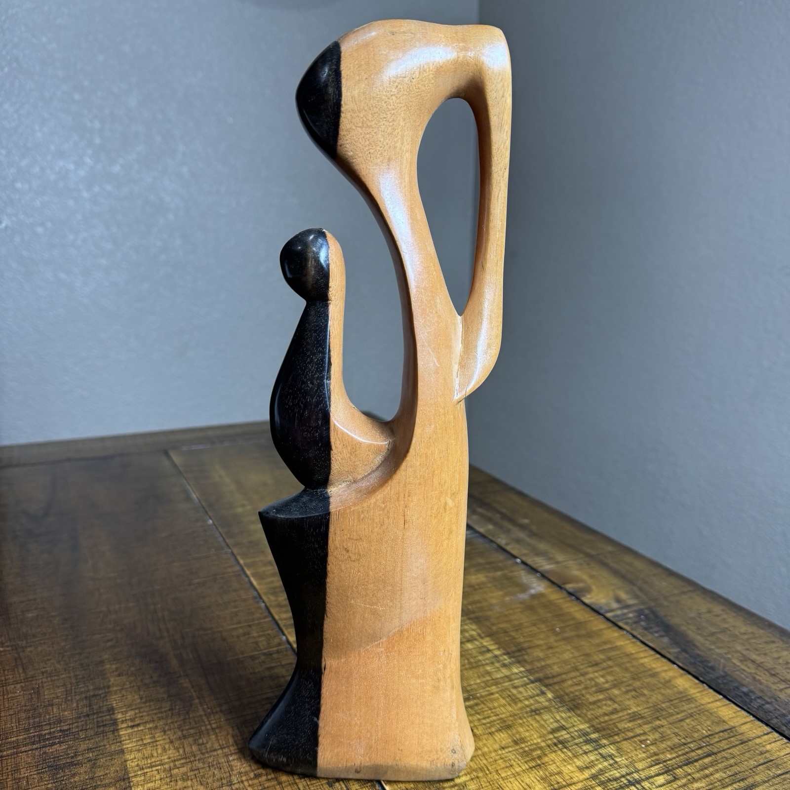 Hand Carved Wood Abstract Mother & Child Sculpture Figurine 13.5″ Tall Primitive