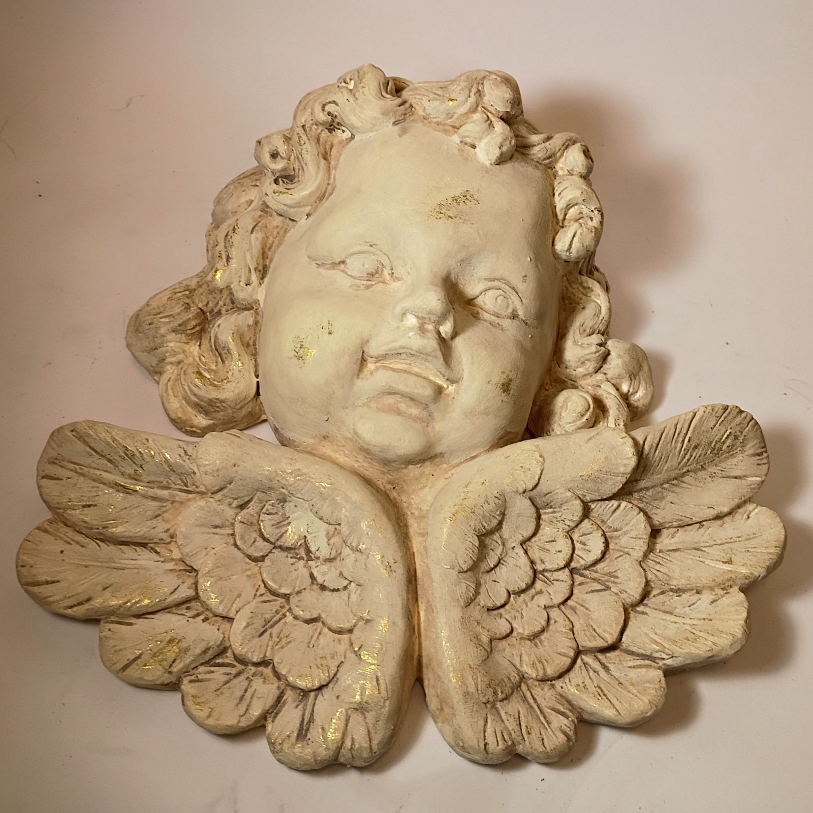 Vintage Plaster Cherub Angel 3D Wall Hanging Ivory Gold 9.5″
