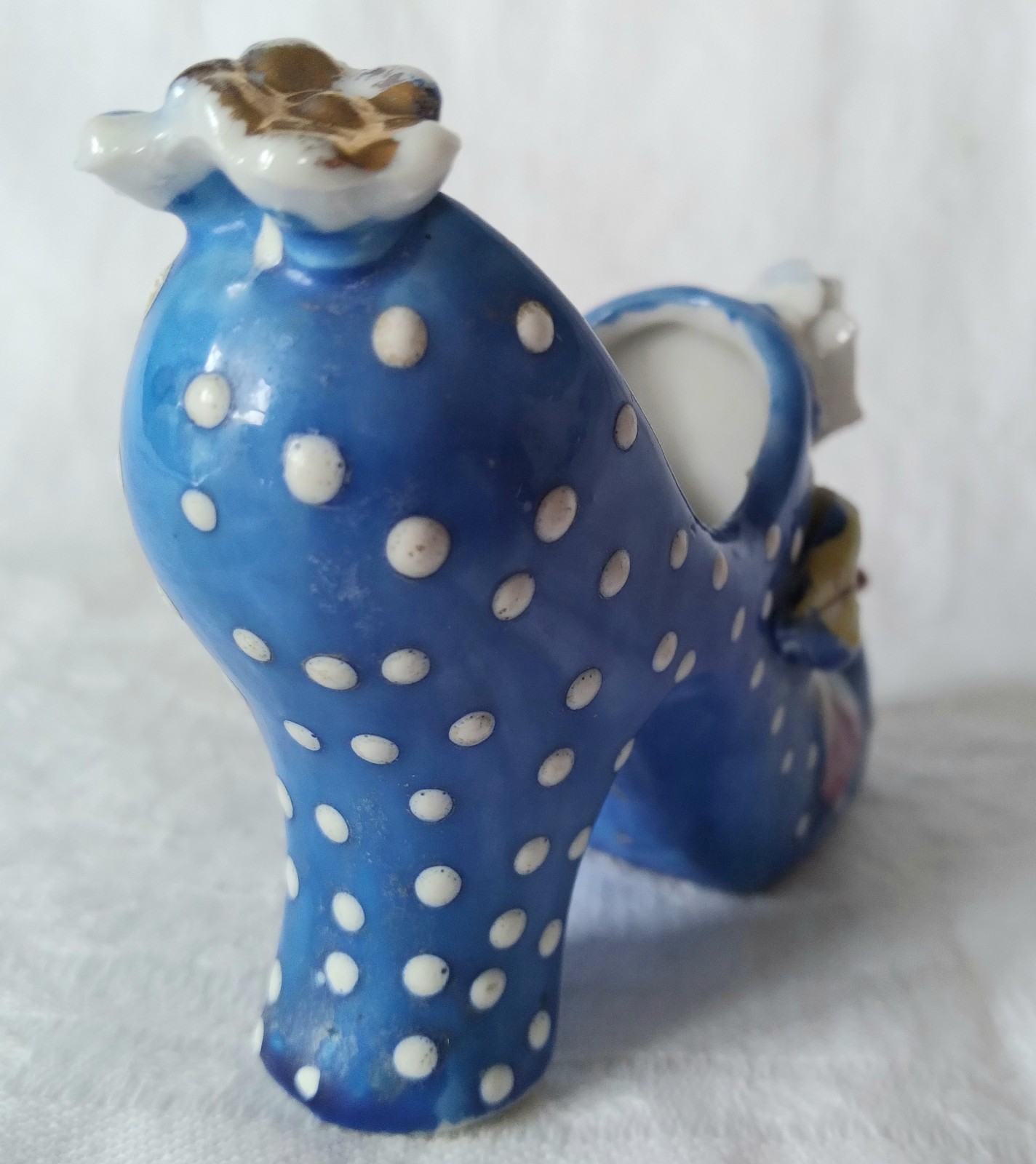 Vintage Bright Blue Polka Dot High Heel Shoe Hand Painted Leaf Flower Gold Japan