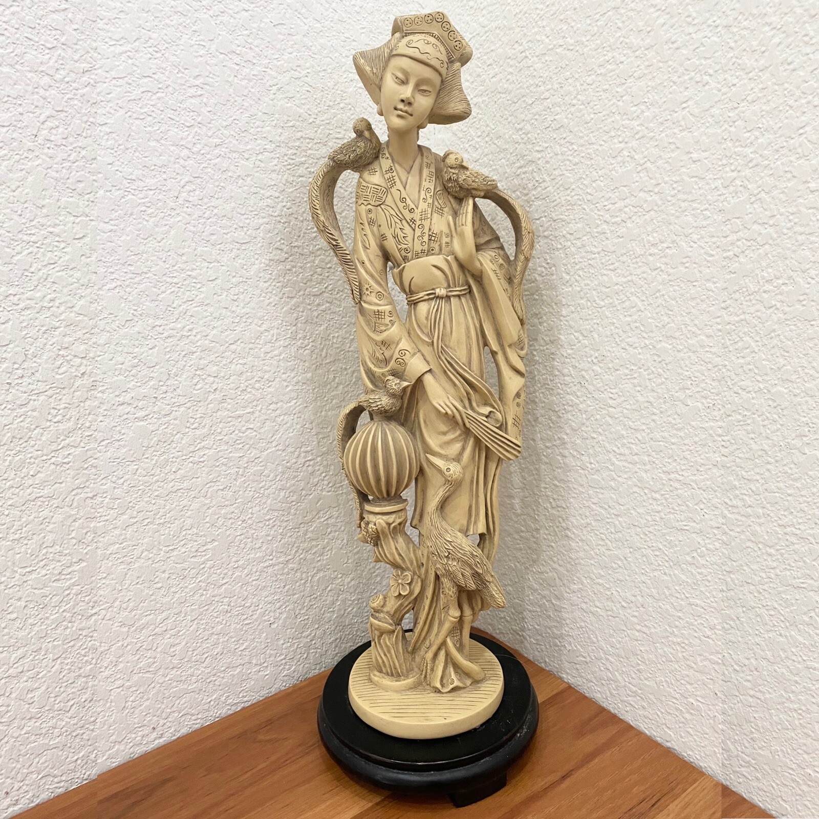 Vintage Hand Carved Resin Oriental Asian Woman with Birds 19” Figurine Statue