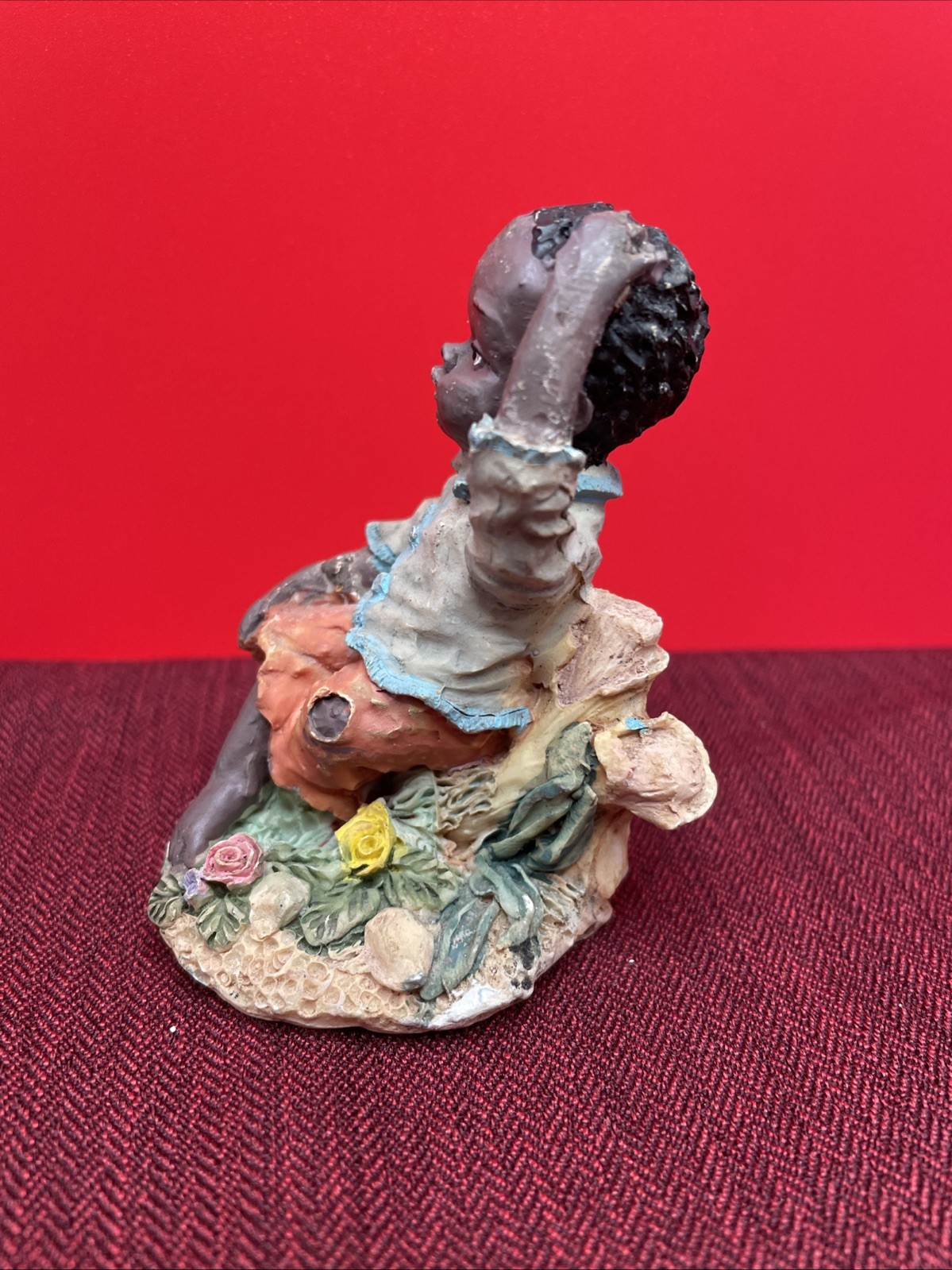 African American Black Young Boy Child Sitting On Stump Flowers Hand Head Resin