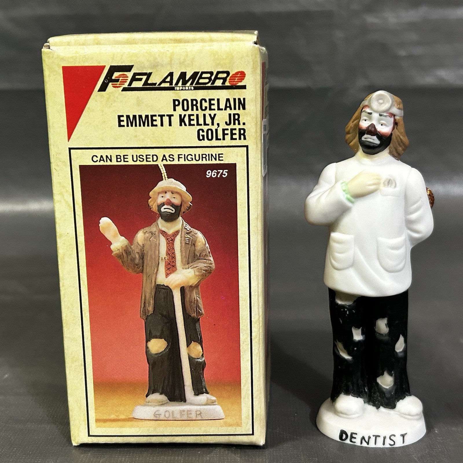 CLOWN DENTIST Christmas Ornament Figurine w/ Box Porcelain Figure Display Vtg
