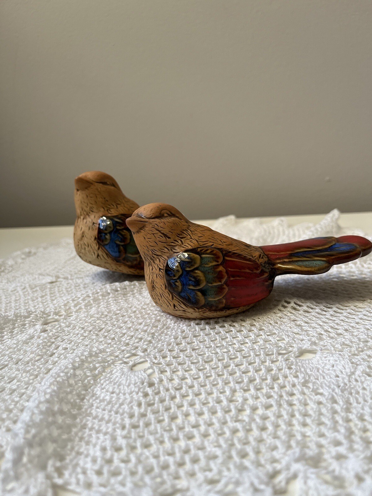 2 Small Multi Colored Ceramic Bird Figurines 5”x2”x2.25” Glossy And Matte Finish