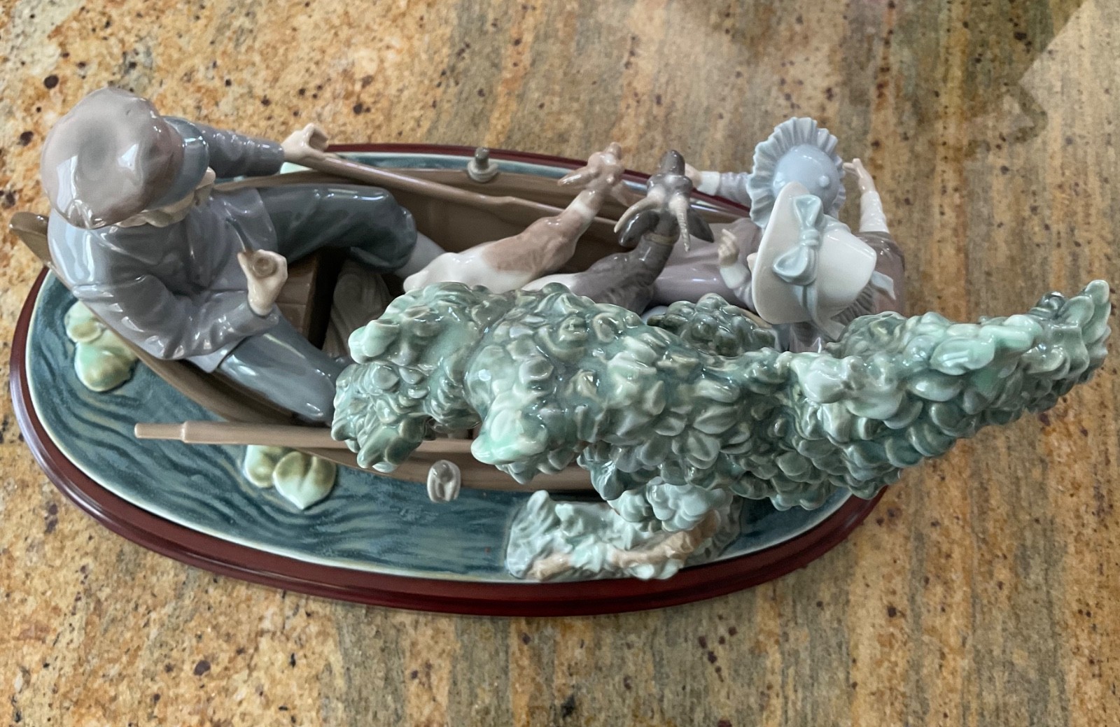 Retired Lladro Porcelain Figurine “On the Lake” #5216, Man, Family, Goats Boat