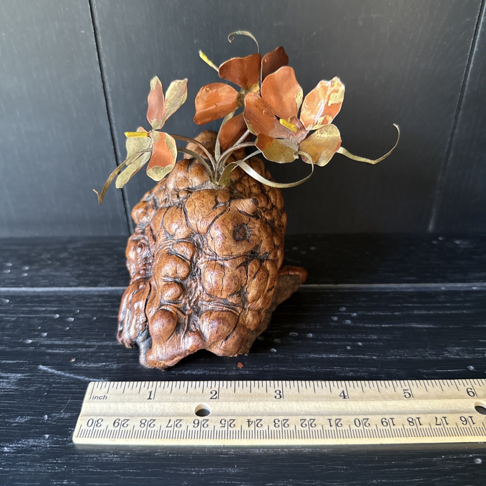 MCM Decor Brass Sculpture Of 3 Flowers on Burl Wood Base 3.5”x5” Display