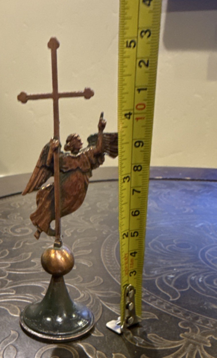 VINTAGE Copper Archangel Gabriel Figurine with Cross, Antique Finish, 5.5 Inch