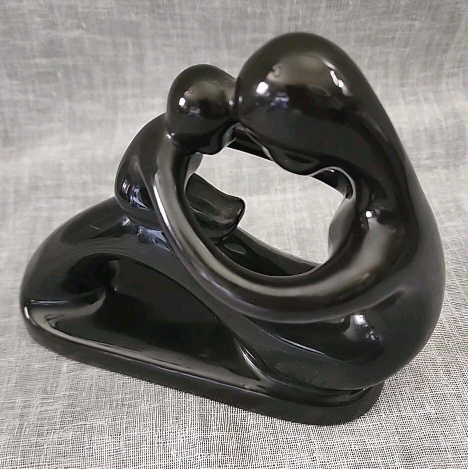 Art Deco Mother and Child Baby Love Contemporary Sculpture Ebony Black Glossy 6″