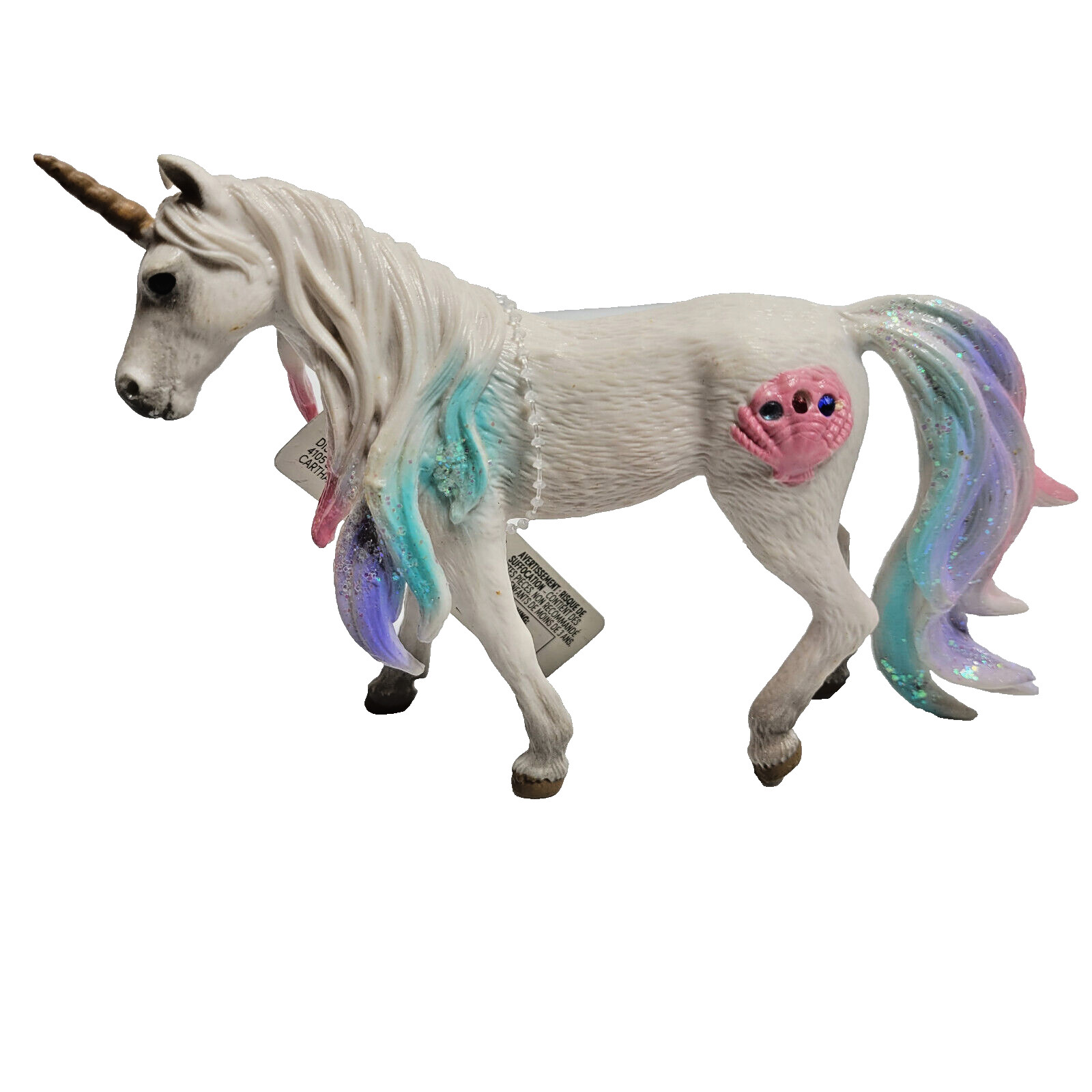 Unicorn White & Pastels Plastic Figure w Gems in Pink Shell NEW @ 6″ x 4″ x 1.5″