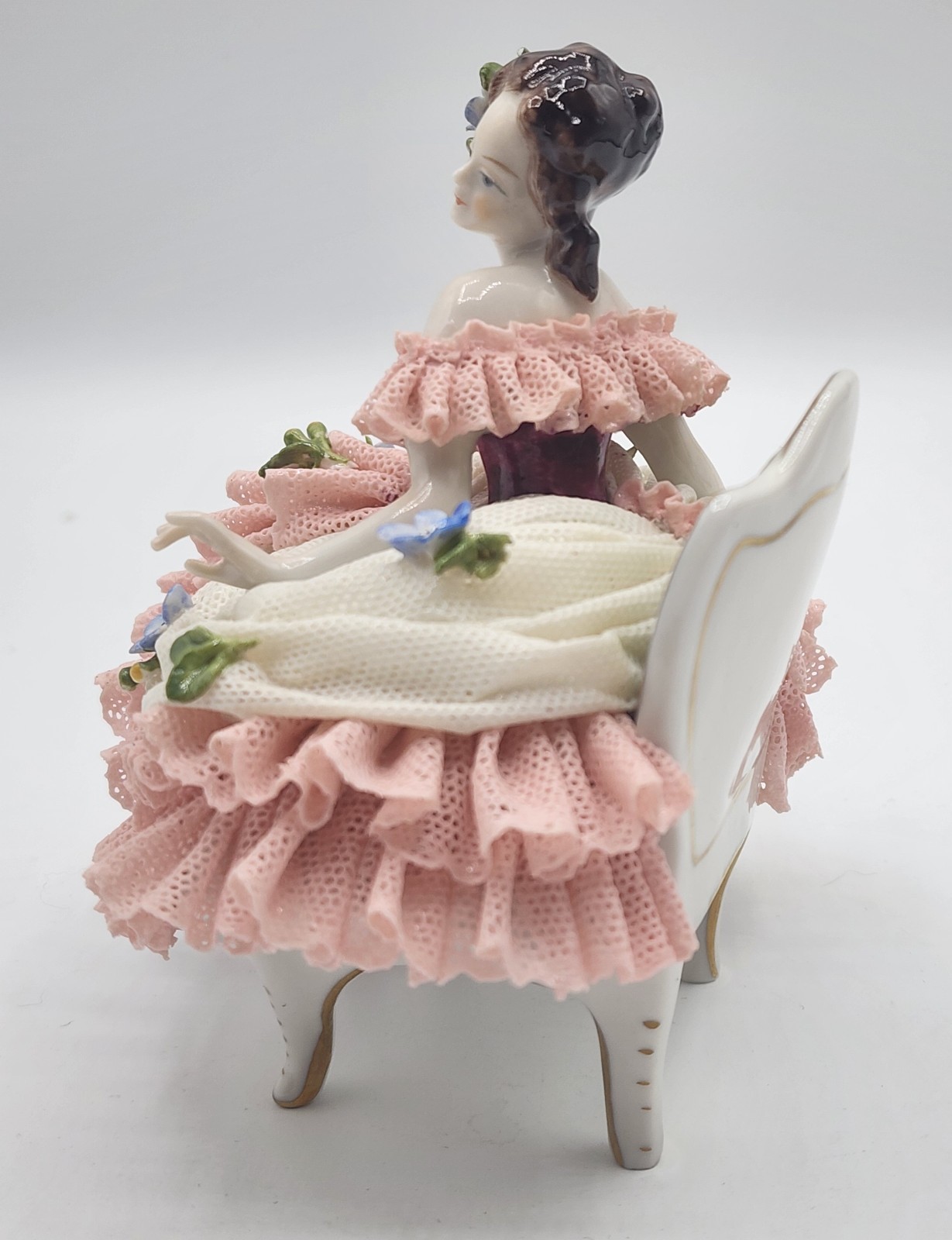 Antique German Volkstedt Dresden Lace Porcelain Figurine Lady On Sofa 5″× 5.5″