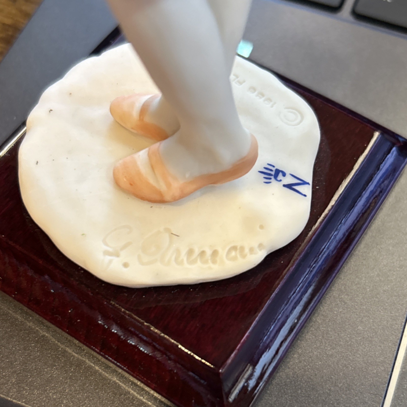 G. Armani Porcelain Girl Figurine with Flowers, Wooden Base, Italian, Signed
