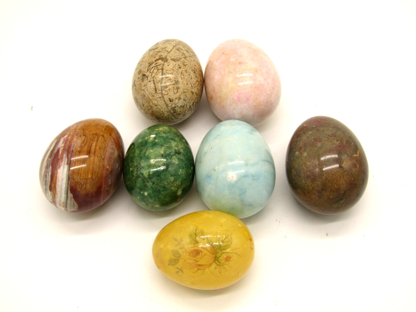 Lot of 7 Vintage Alabaster Marble Stone Eggs Polished Floral Painted Agate Onyx