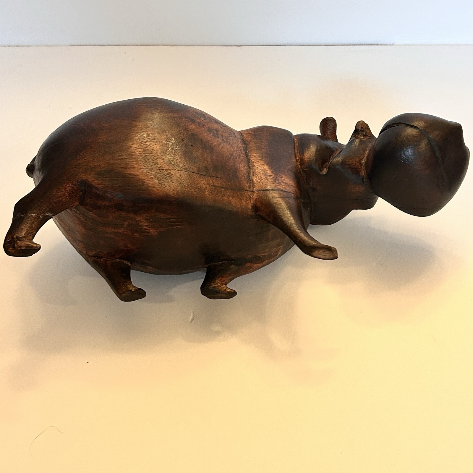 12” Vintage Hand Carved Hippopotamus Sculpture of Solid Wood READ