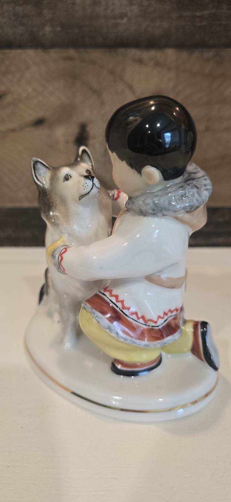 VTG Lomonosov LFZ Porcelain Figures Yakut Boy Husky Dog & Girl USSR 1st Quality