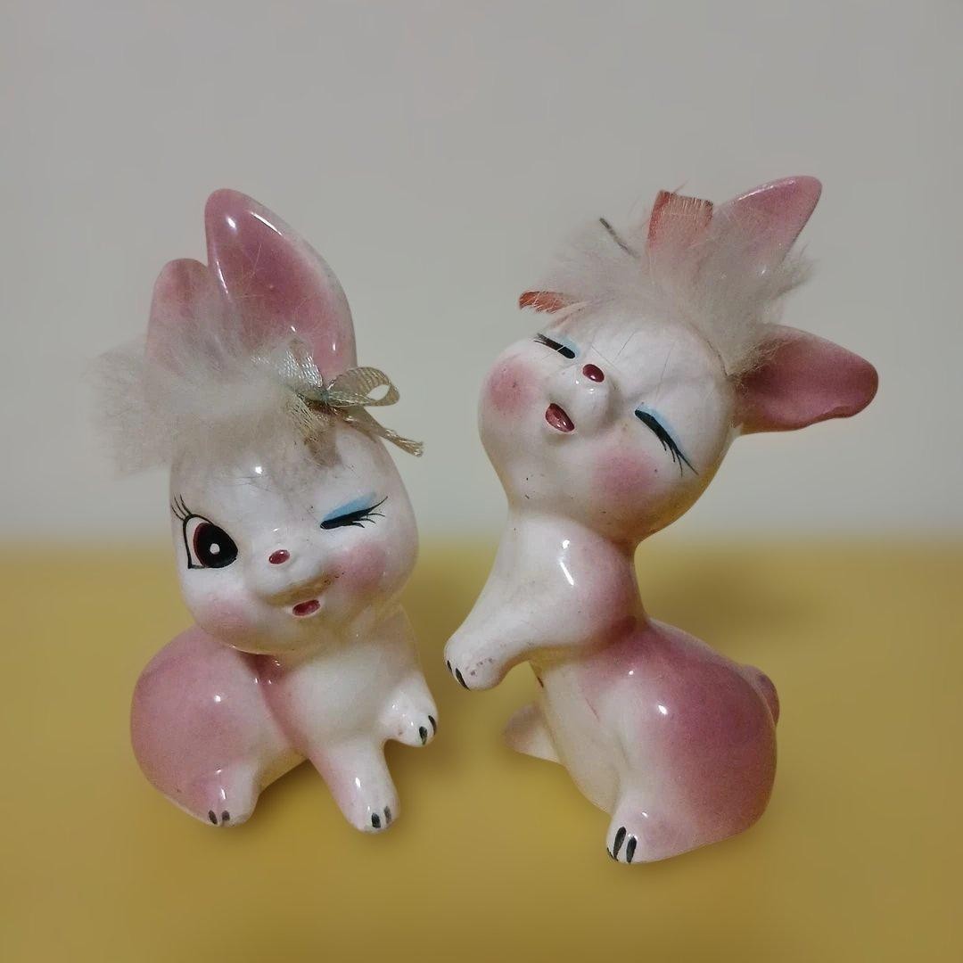 Anthropomorphic Kitsch Fur Rabbit Bunny Ceramic Figurines Set Of 2 Retro Vintage