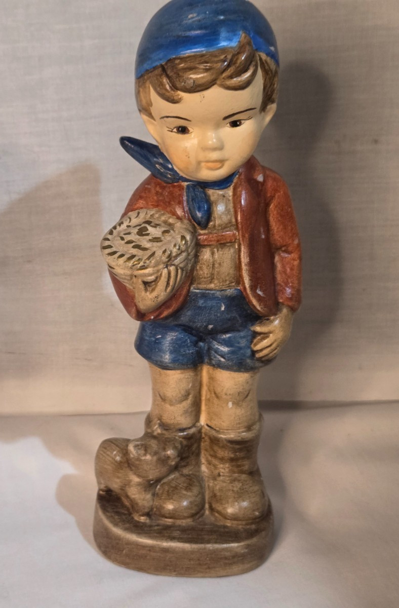 Vintage Chalkware Figurine Hand-Painted Farmers Boy with Pig Hummel Style 8″
