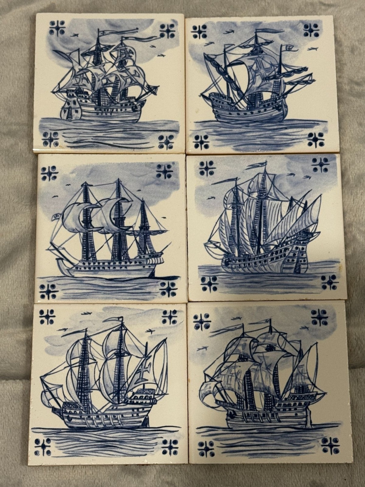 Six Antique Dutch Delft Hand Painted Nautical Blue & White 3 Inch Square Ceramic