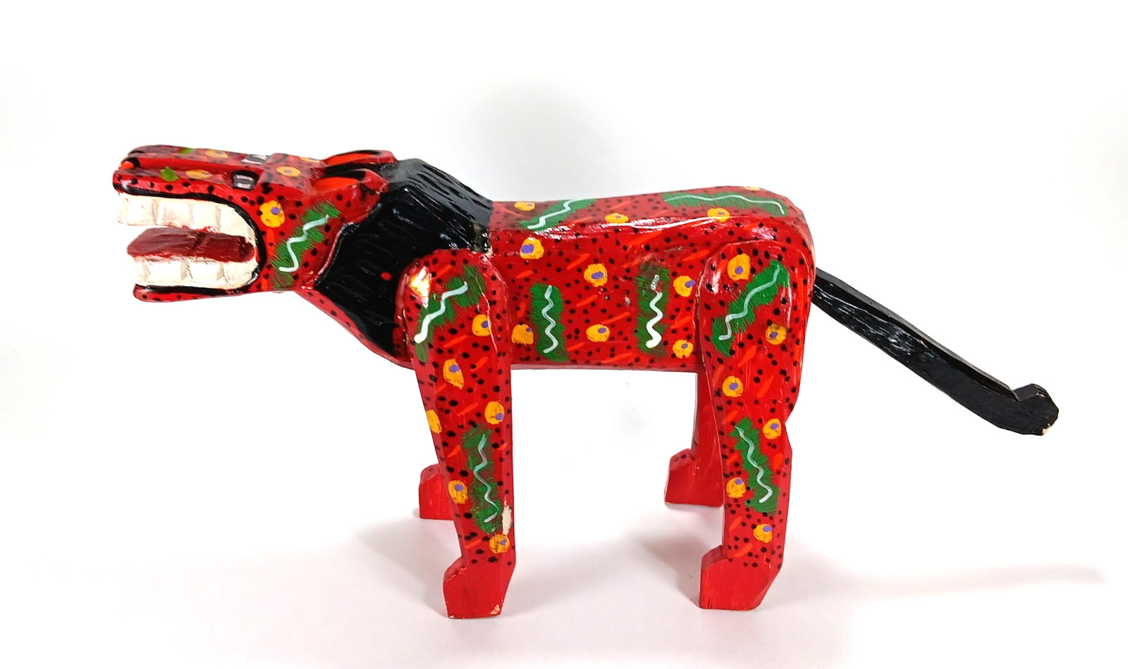 Wood Carved Lion Alebrijes Guatemalan Painted Red Folk Art Abstract 8″ x 17″