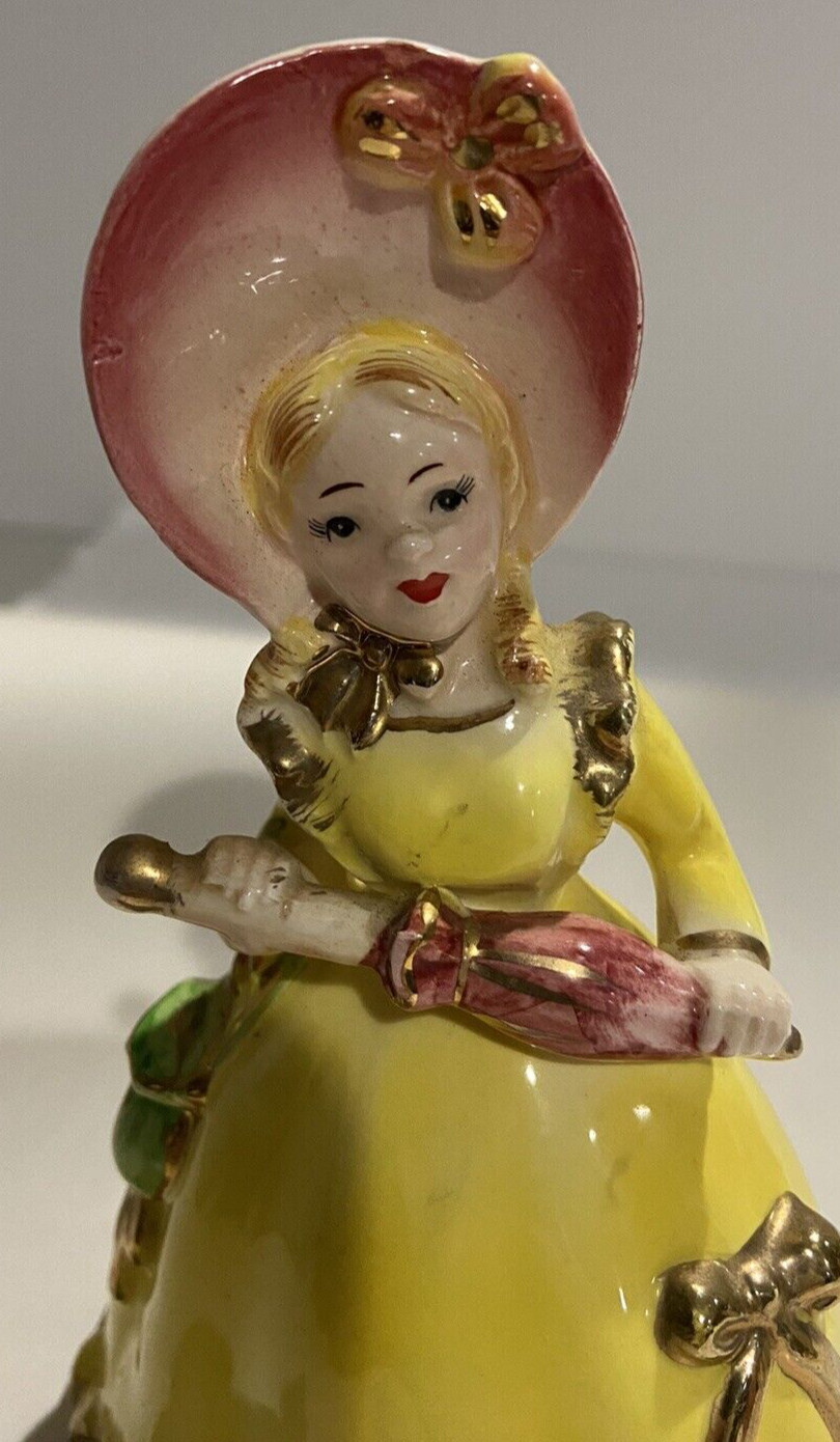 Vintage Lady Figurine Planter Yellow & Gold Fancy Dress