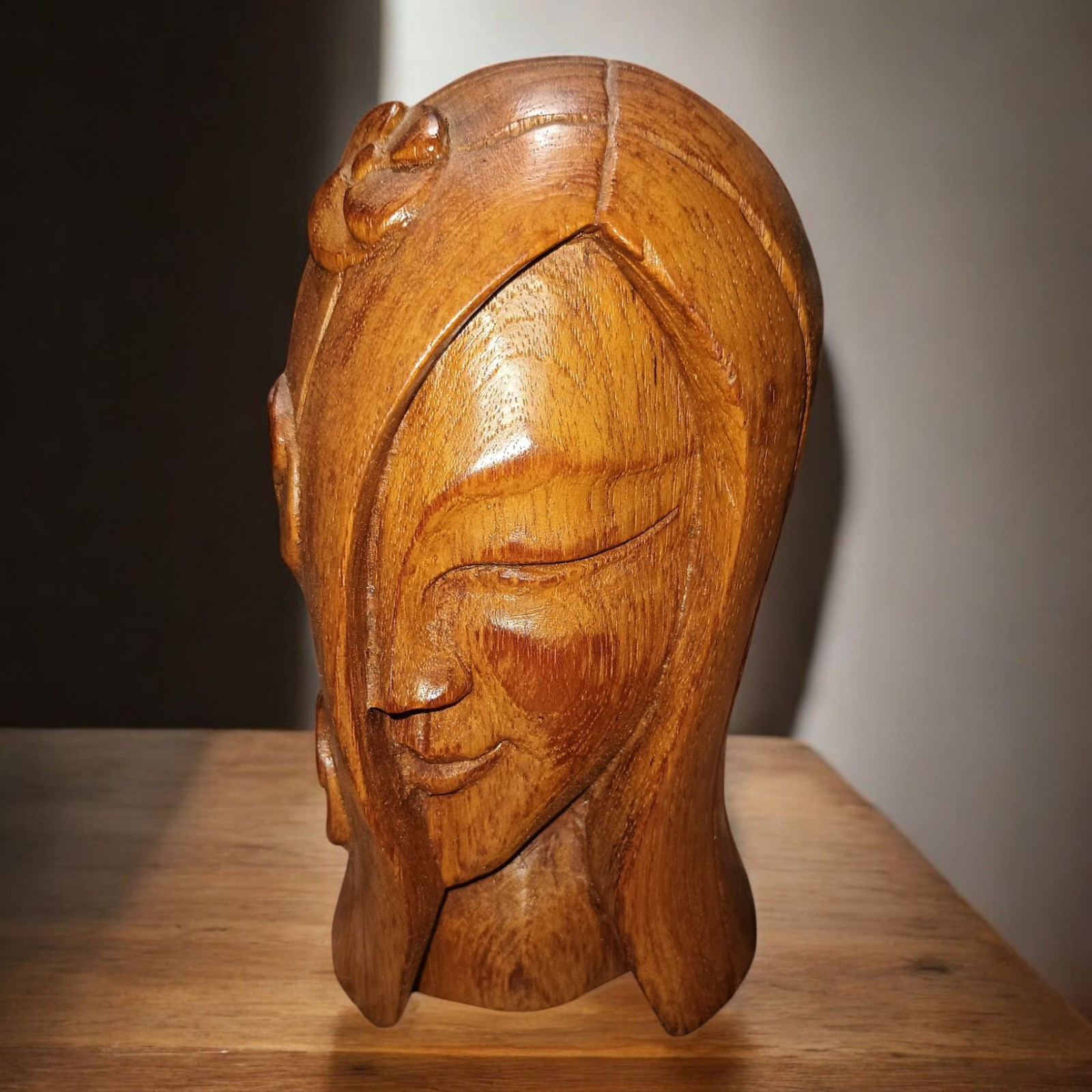 Hand Carved Wood Folk Art Woman Flowers Covered Face 6″ Bust One of a Kind VTG