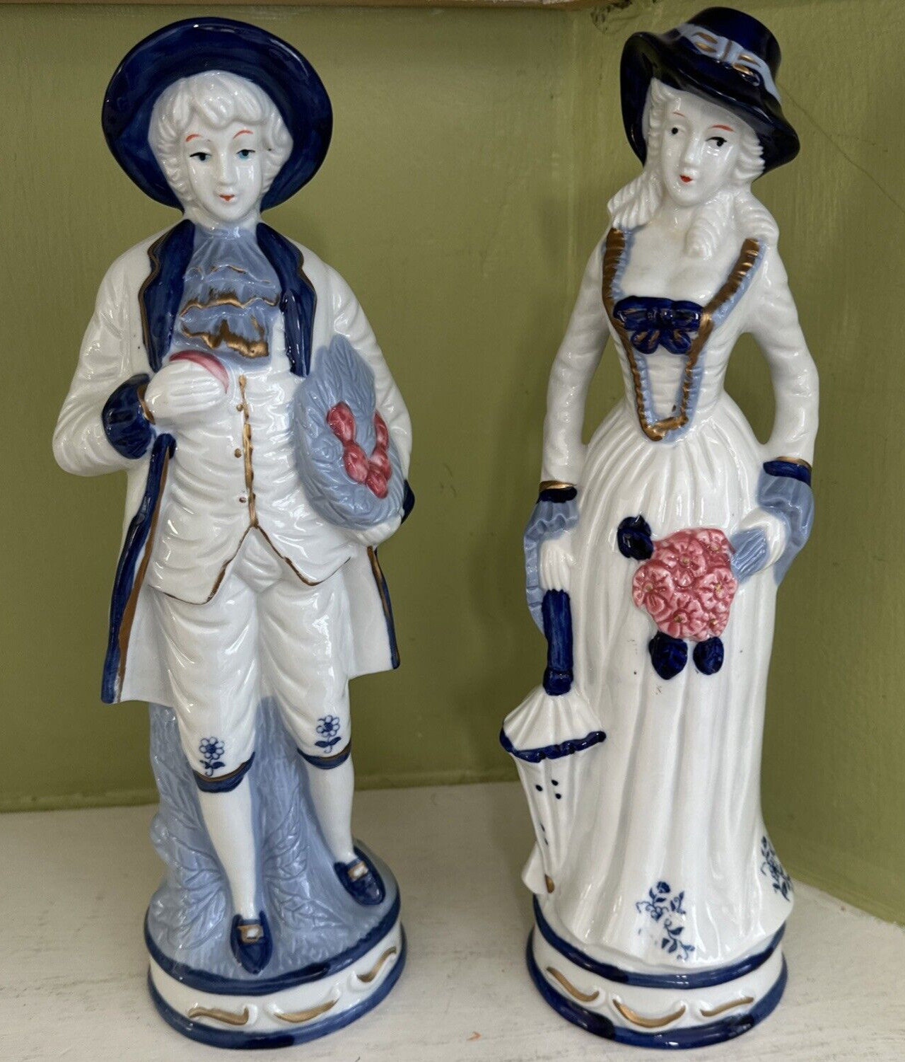 Vintage Porcelain Blue & White Gold trim Man and Woman Figurines  12″ H