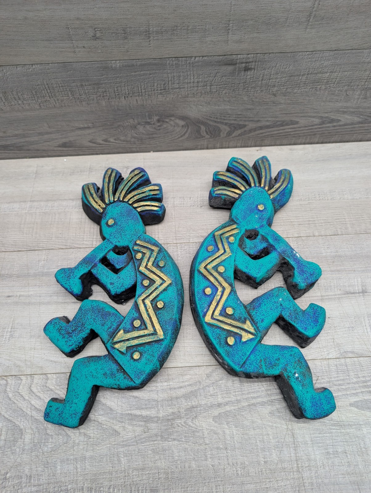 Set 2 Kokopelli Musicians Chalkware Plaster Wall Plaques Dappled Turquoise/Gold