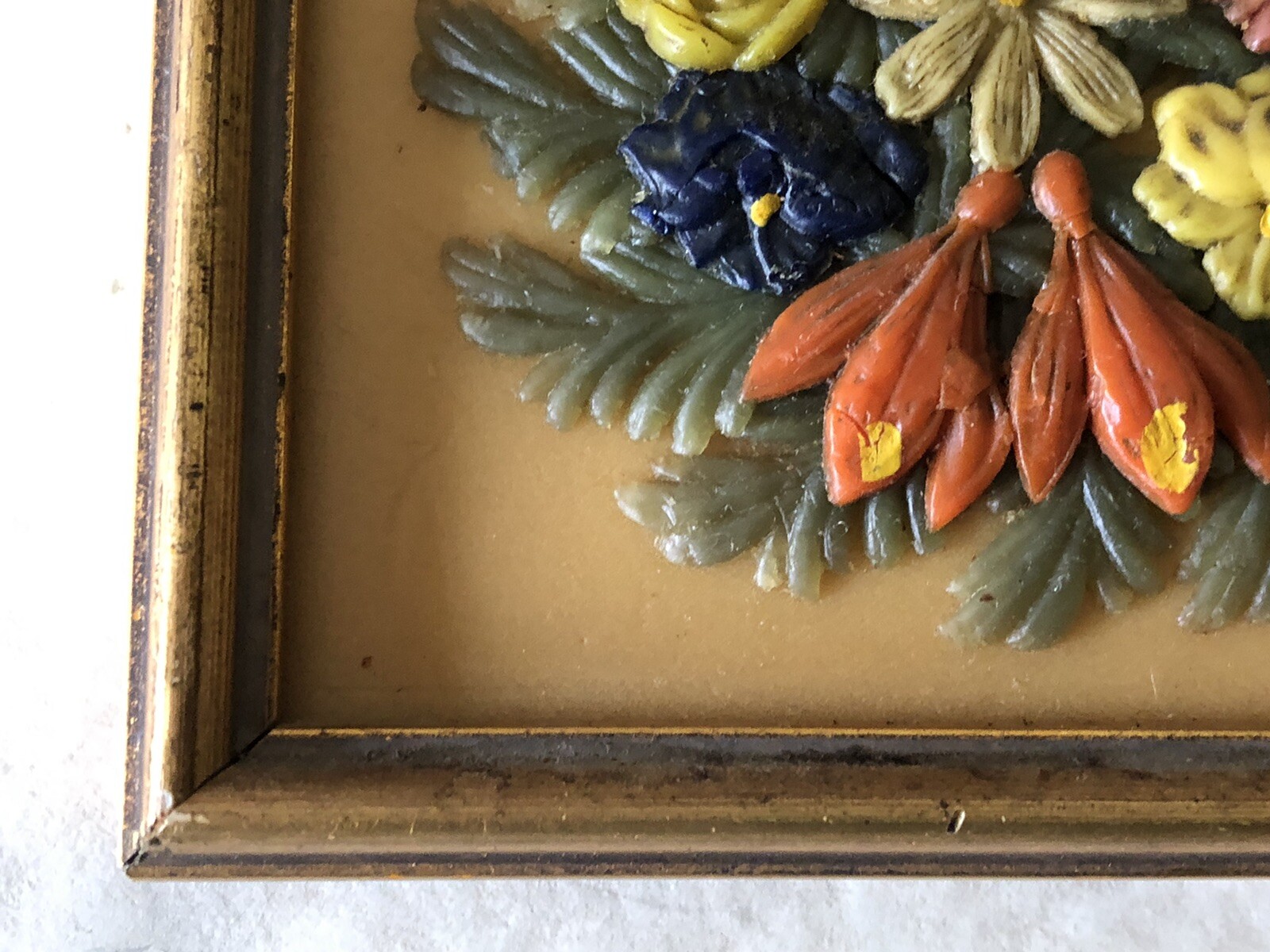 Vintage Wax Folk Art Sculpture 3D FLOWER Picture German Hand Made Carved Detail