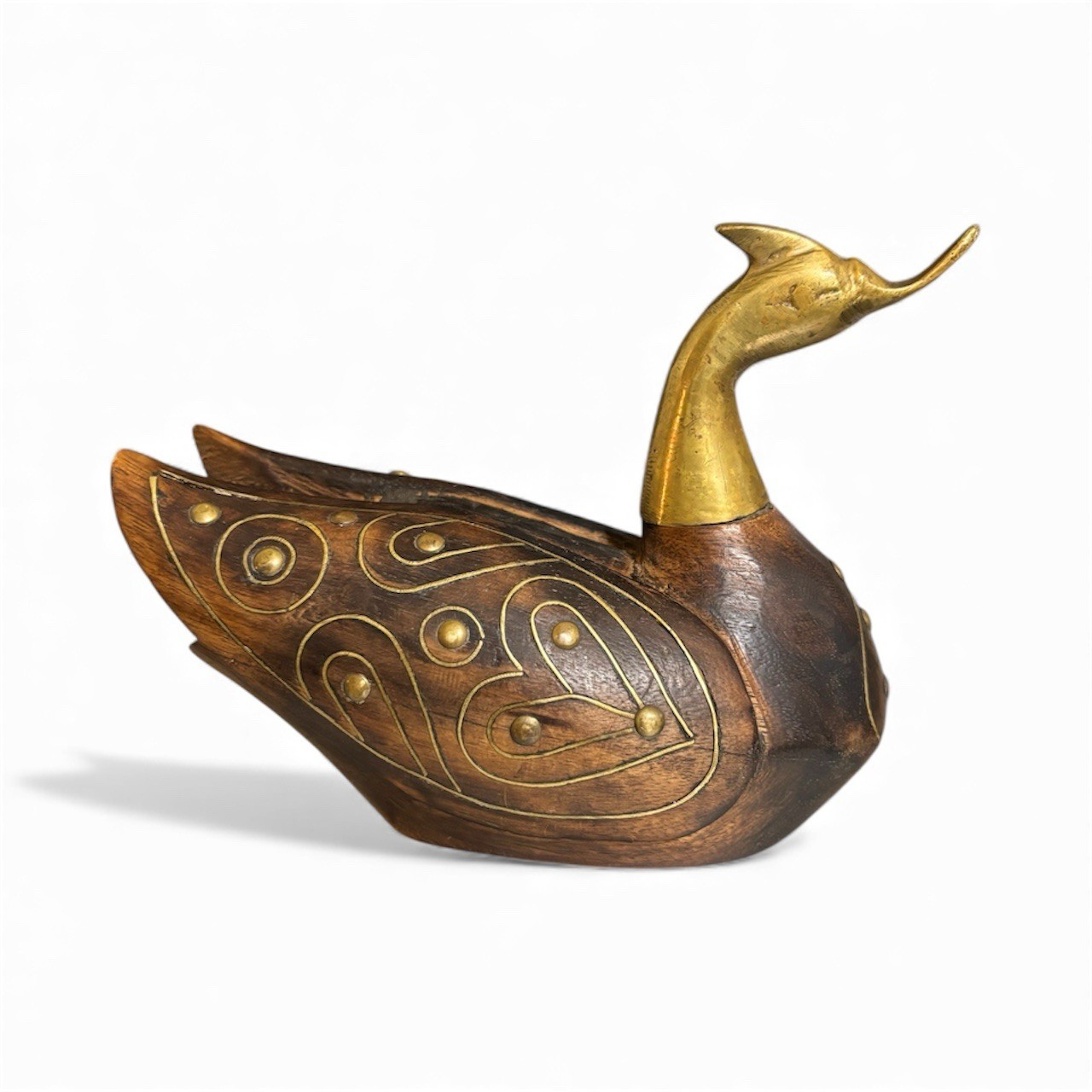 HAND CARVED Solid Wood/Brass Duck Figurine