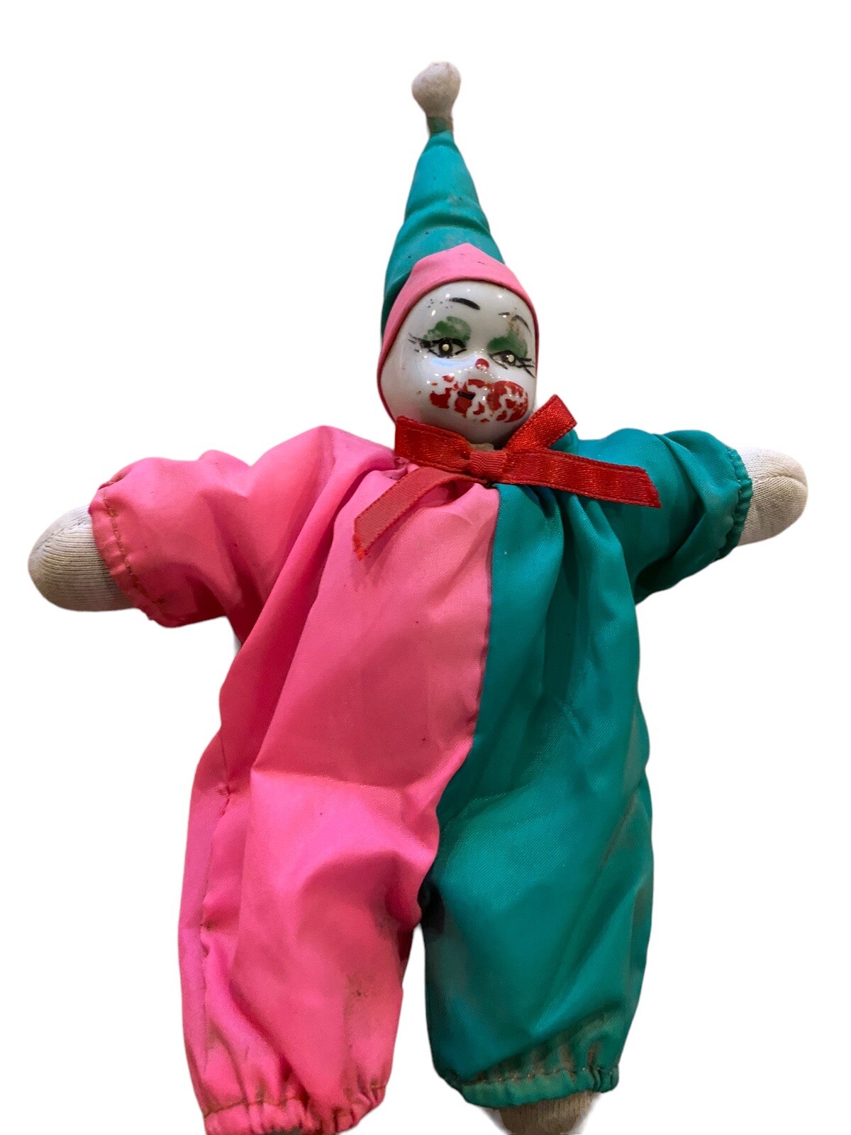 Vintage Porcelain Painted Face Sand Filled Clown Doll 8″ Primary Colors