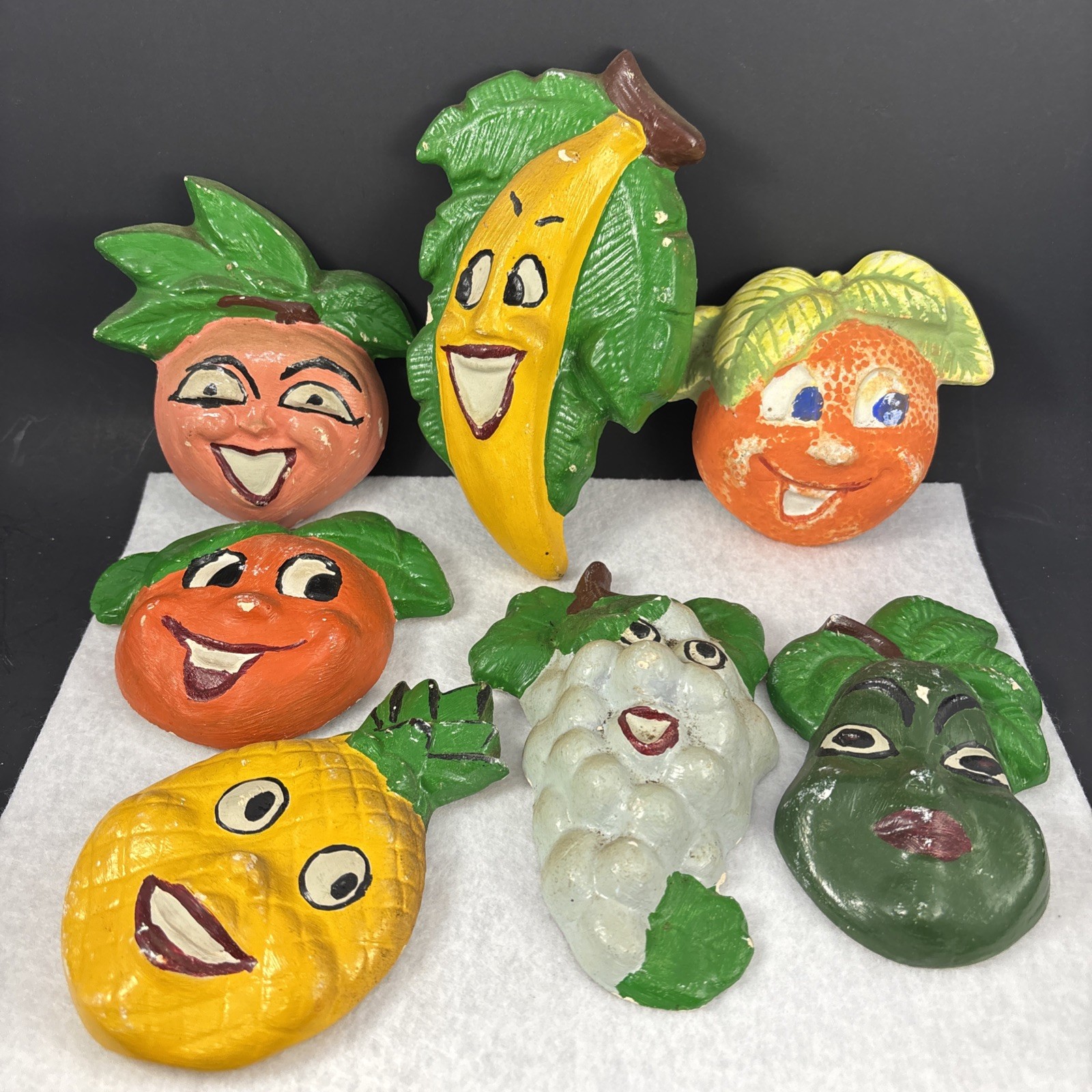 Vintage Iridescent Anthropomorphic Fruit Chalkware Wall Plaques Set Of 7 50s/60s