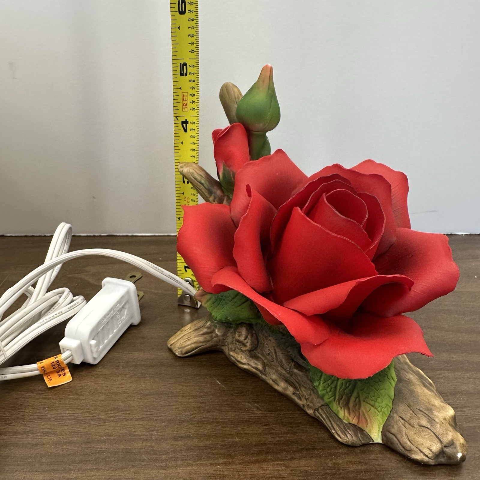Porcelain NightLight Red Rose On A Log Lighted Figurine Rosebud Floral Garden