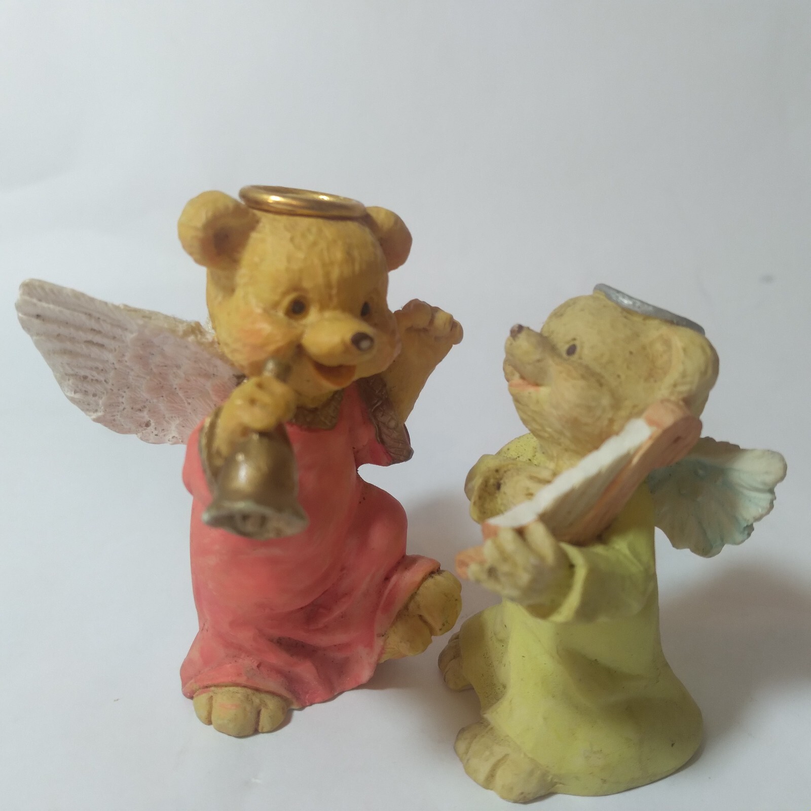 Angel Teddy Babies Bear Pair Figurines Playing Bell & Lyre Christmas or Anytime
