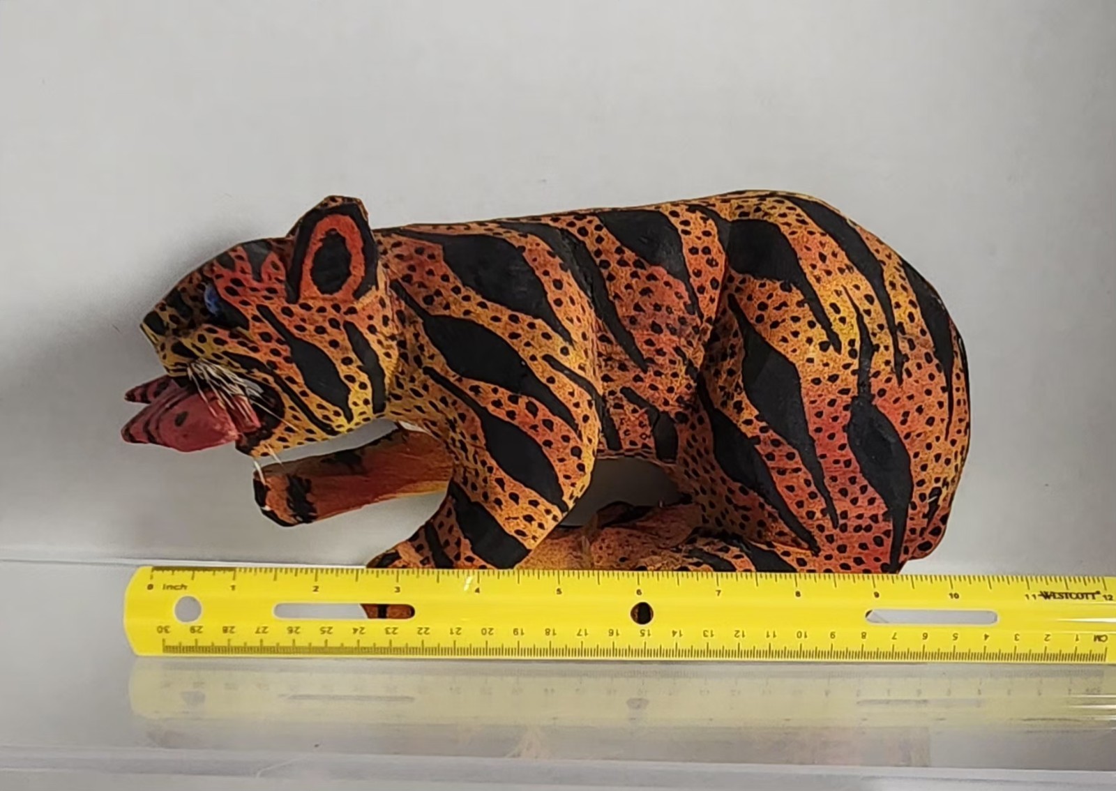 Carved Wood Hand Painted Crouching Tiger With Prey Whiskers Marble Eyes