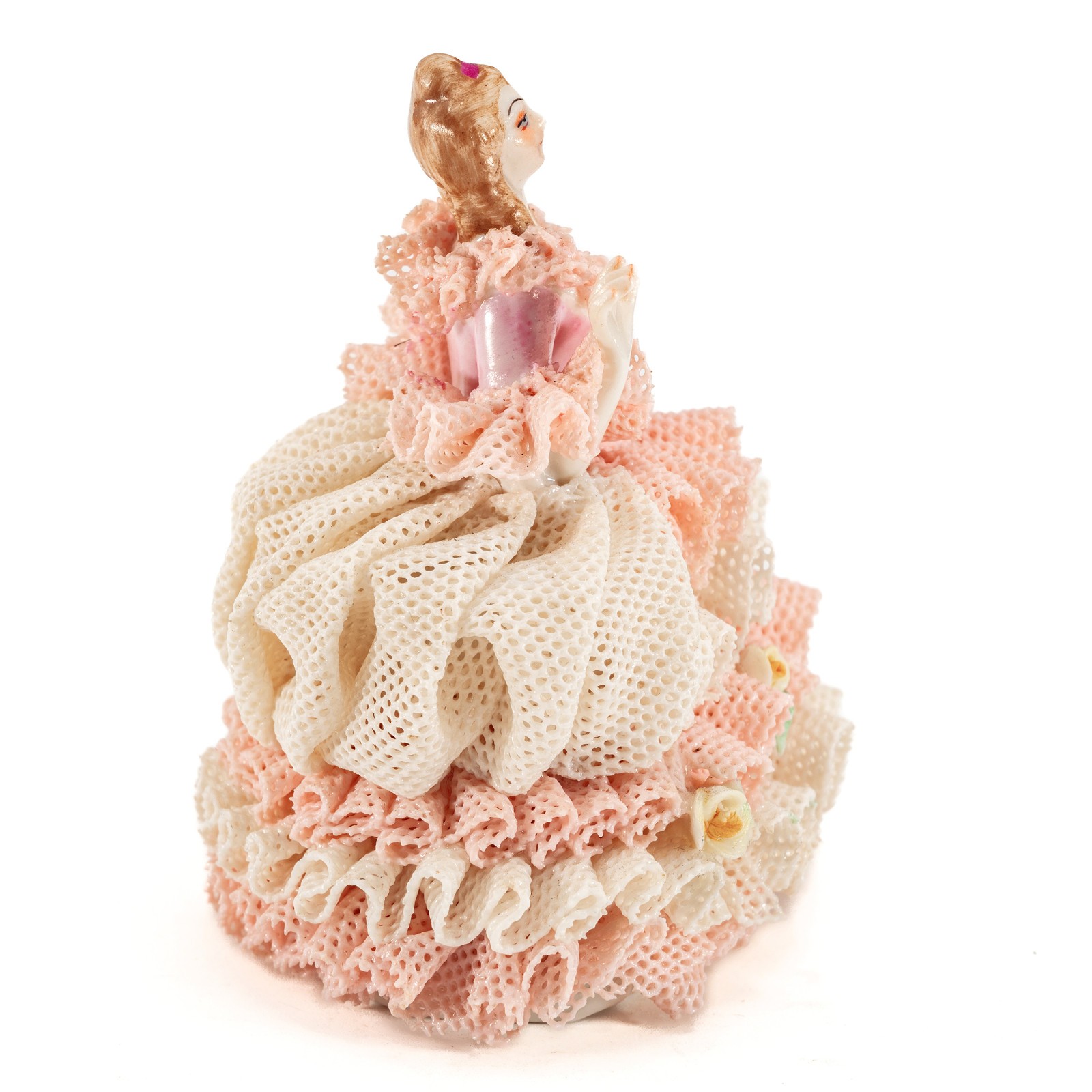 VTG MZ Irish Dresden Pink & White Porcelain Lace Figurine by Muller Volkstedt