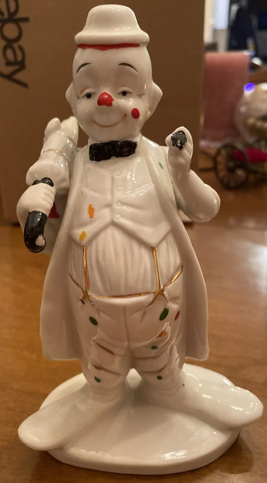 Vintage Circus Clown Polka Dots White Figurine with Umbrella