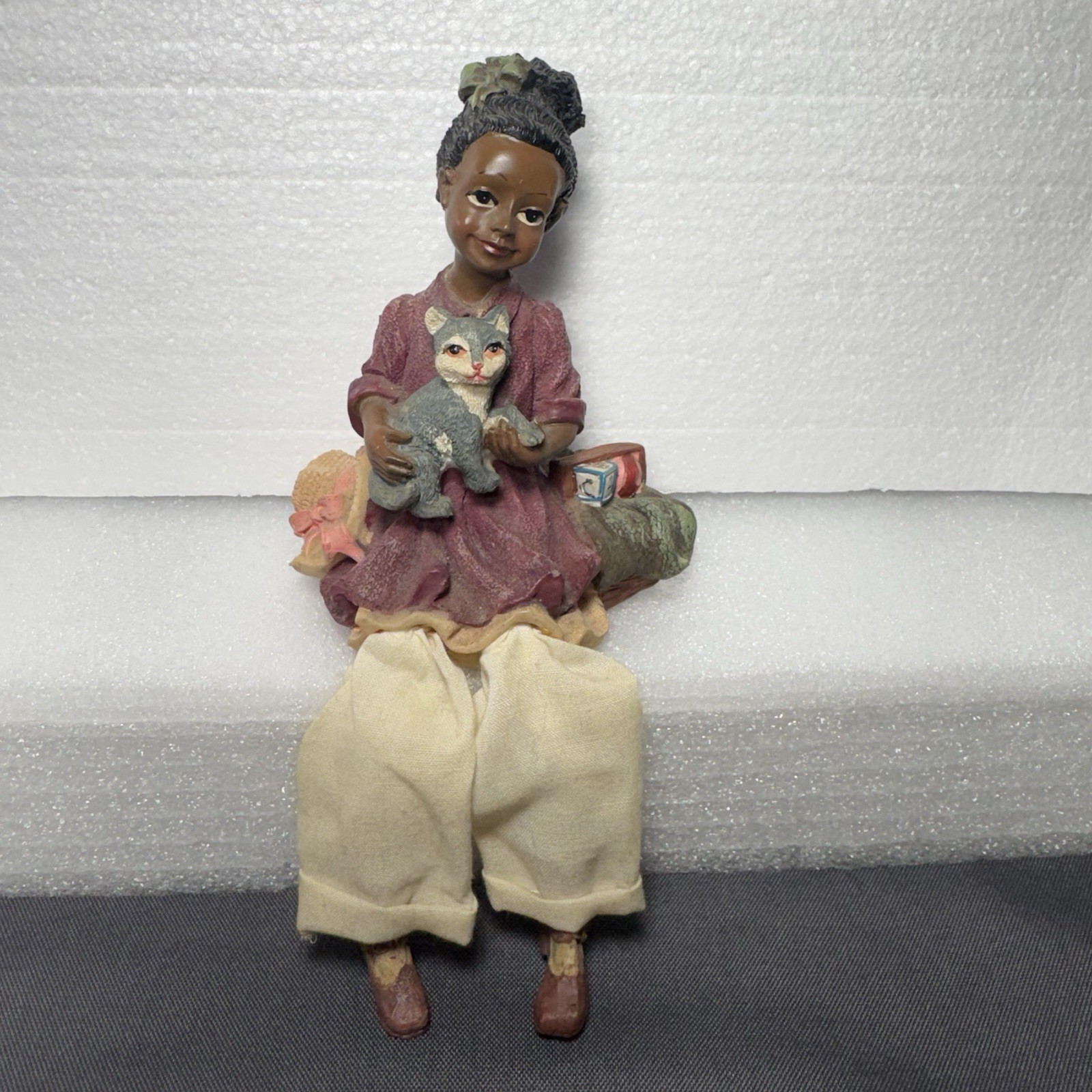 1 Shelf Sitter- Black/African American Girl Cat Hat Fabric Dangling Legs
