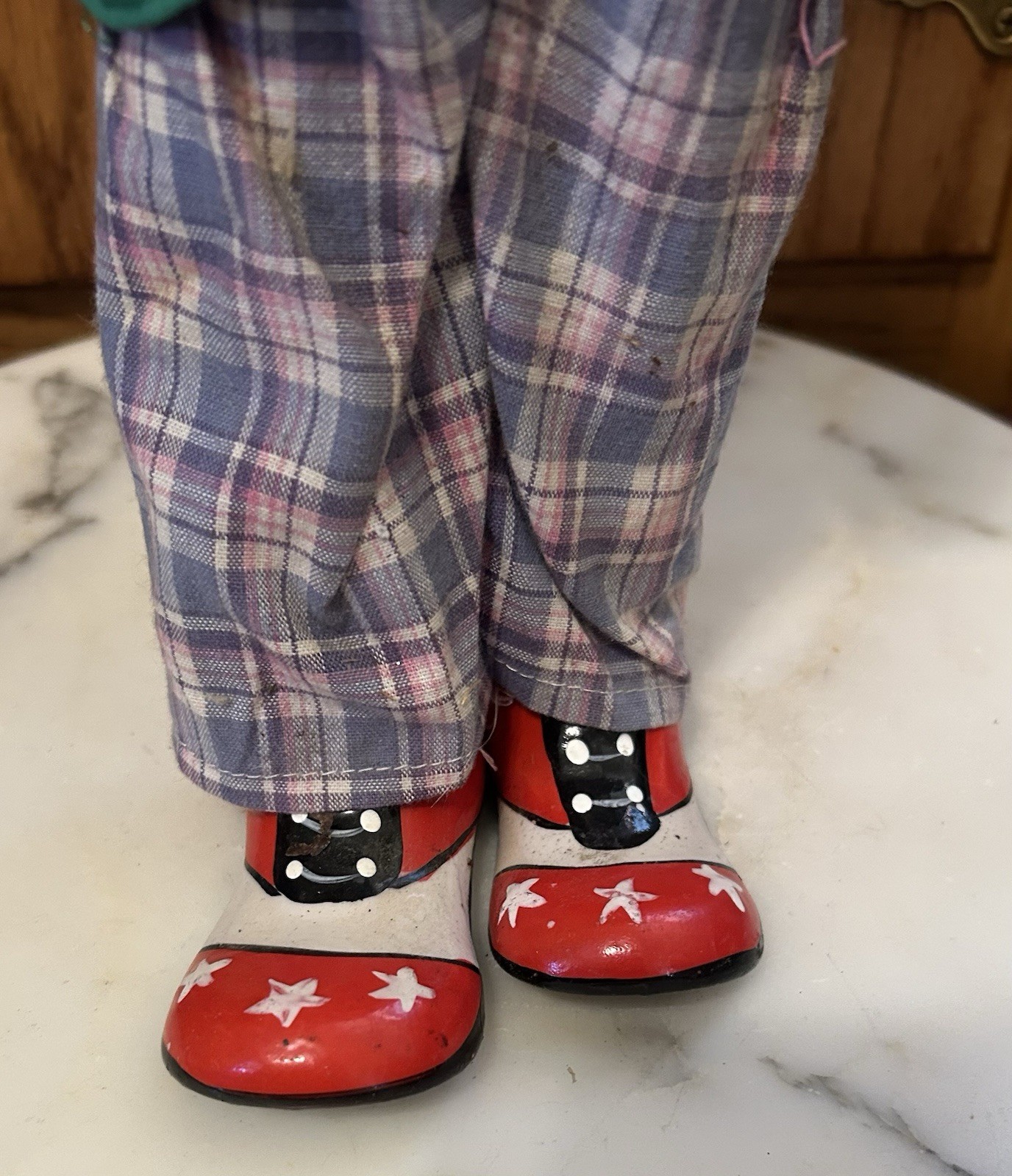 Vintage 14″ Porcelain Hobo Clown Figurine with Plaid Pants and Big Circus Shoes