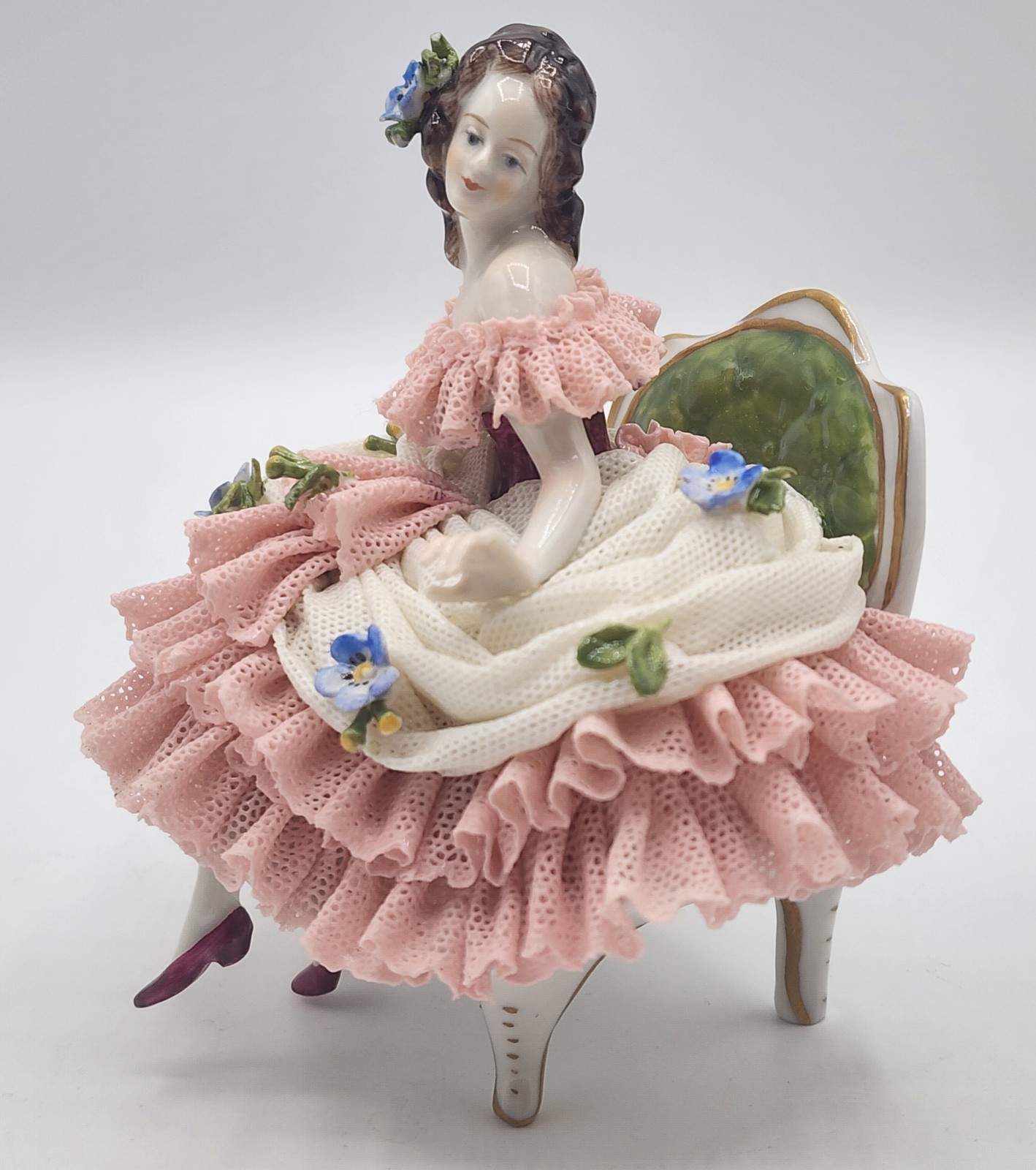 Antique German Volkstedt Dresden Lace Porcelain Figurine Lady On Sofa 5″× 5.5″