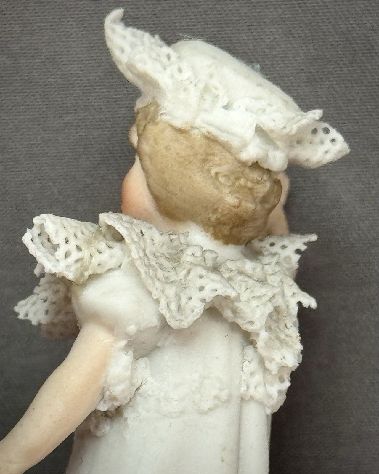 German Bisque Dresden Lace Porcelain Figurine Girl in White Dress Bonnet 3″ Tall