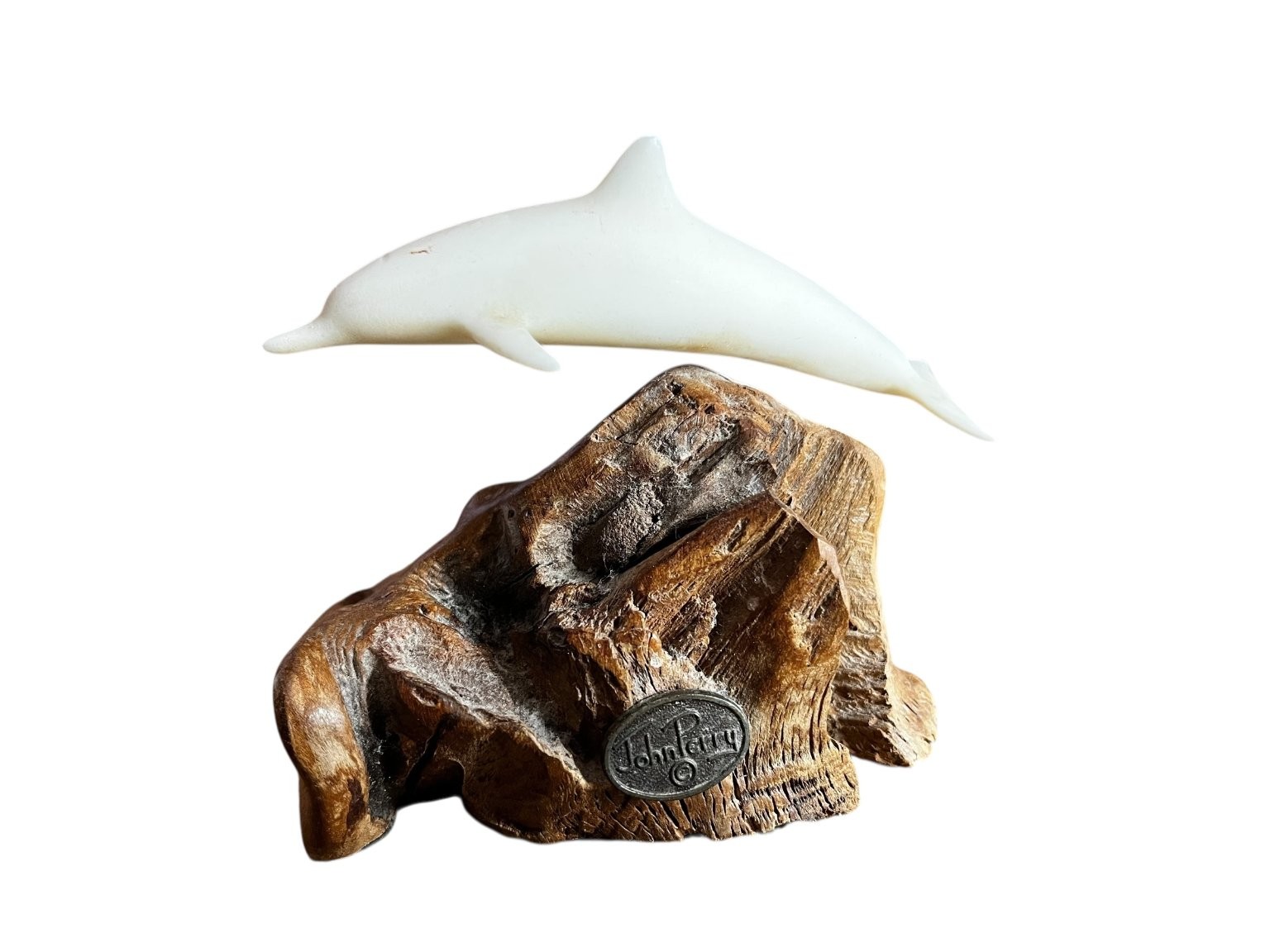 John Perry Dolphin Figurine Wood Base Hand-Carved Signed Original 5×4″