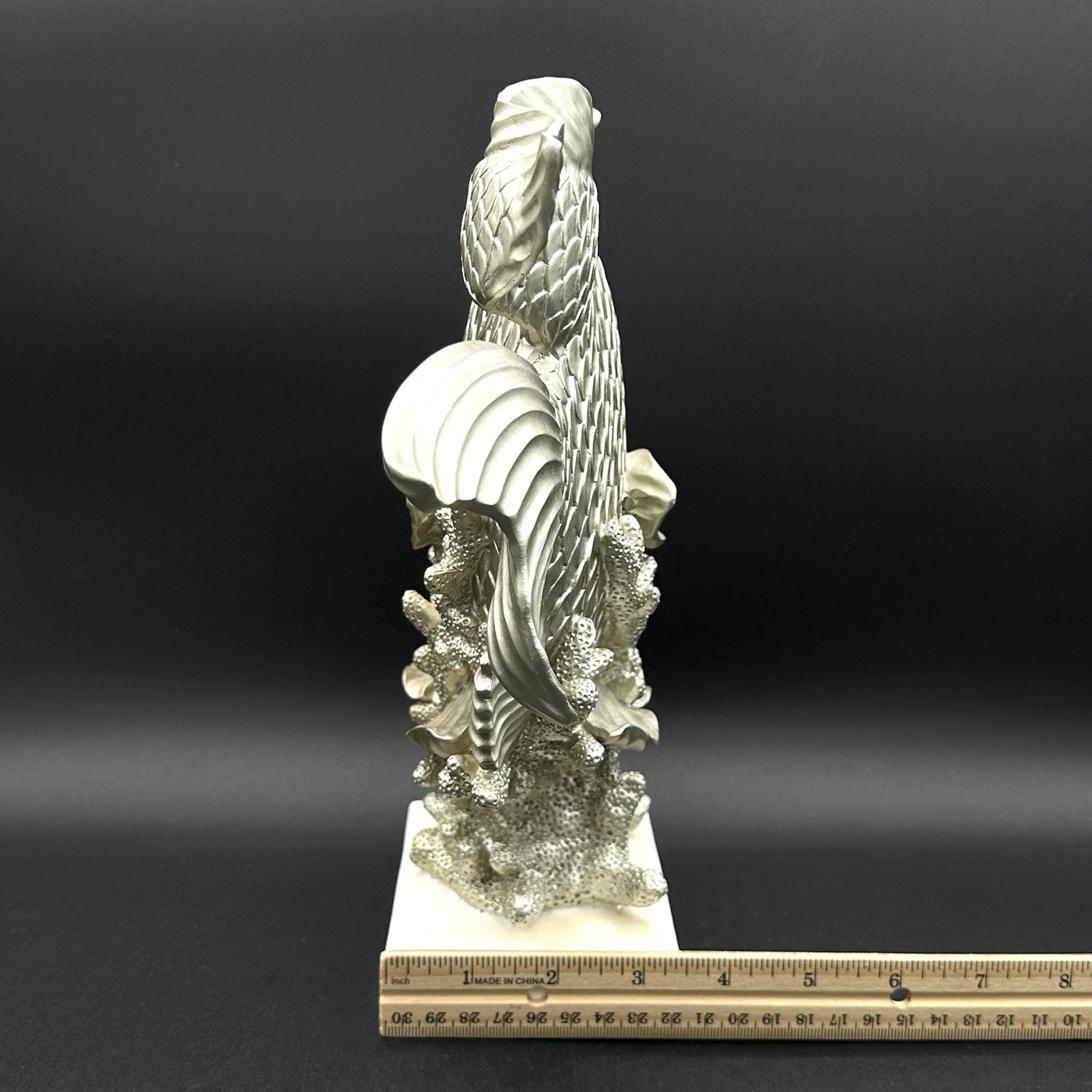 Vintage Silver Metal Fish Statue on White Wood Base Coastal Nautical Decor
