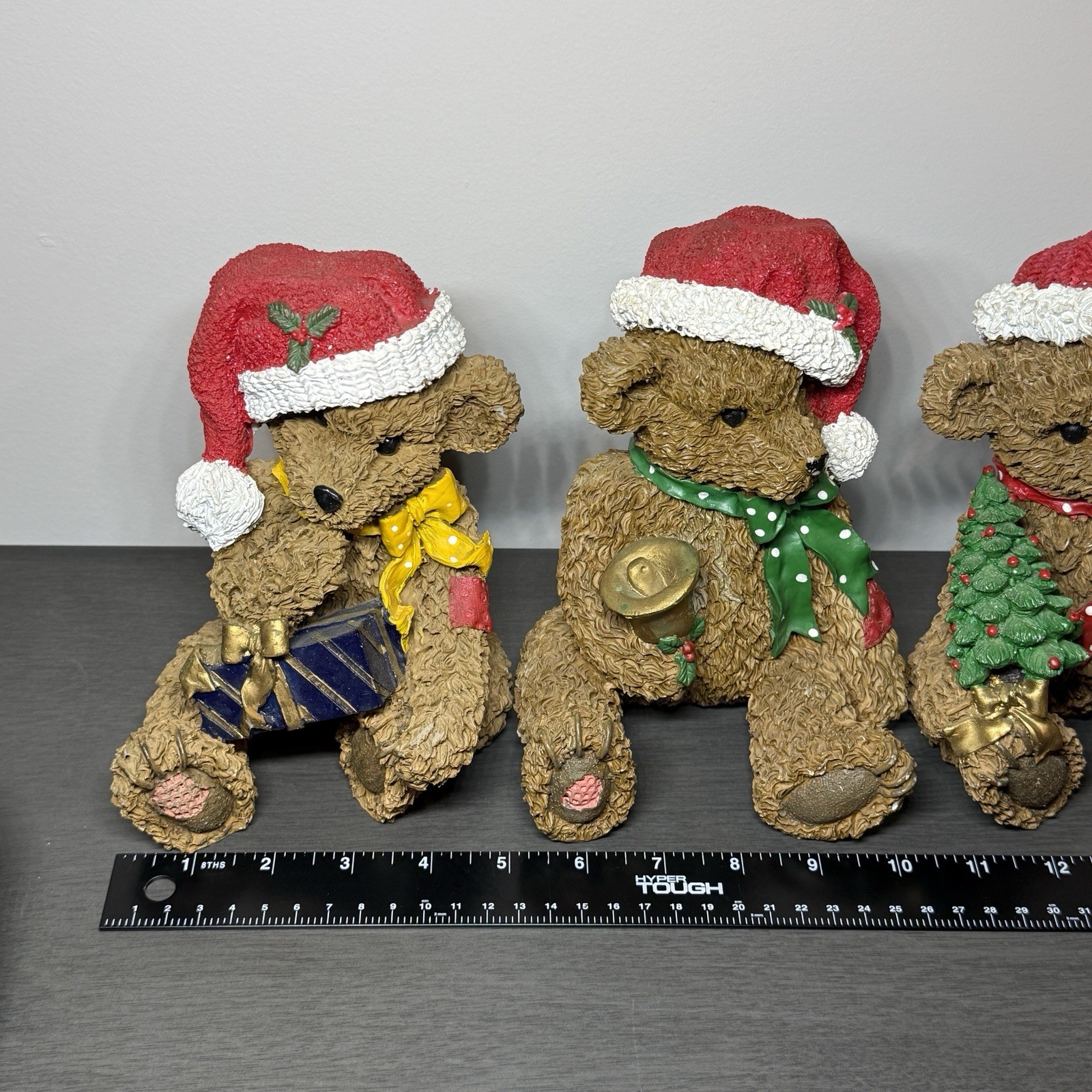 Set of 4 Resin Christmas Teddy Bears Santa Hats Figurine Gift Bell Tree Drum 6”