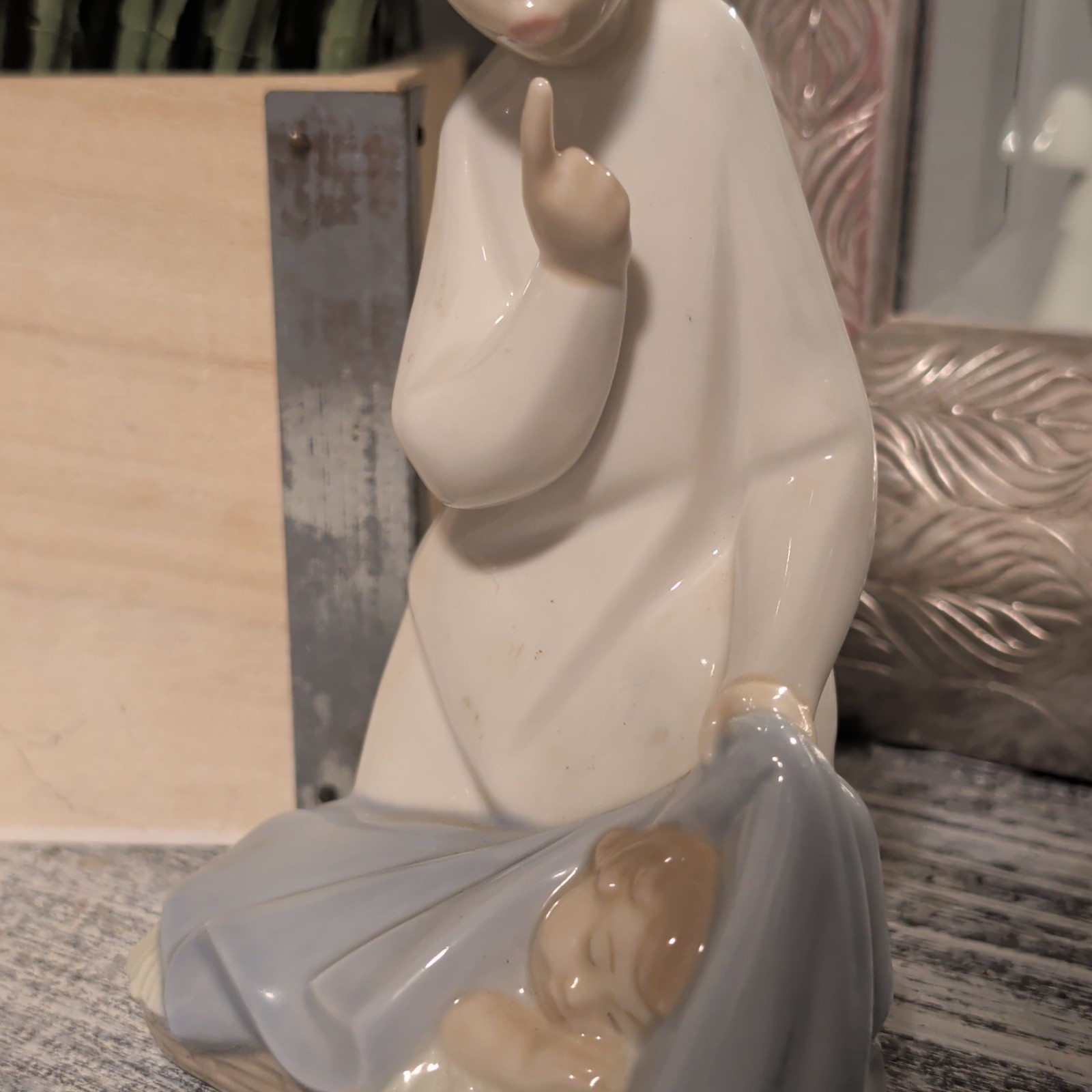 Lladro Guardian Angel with Baby Figurine Blue Glossy Retired Spain Porcelain VGC